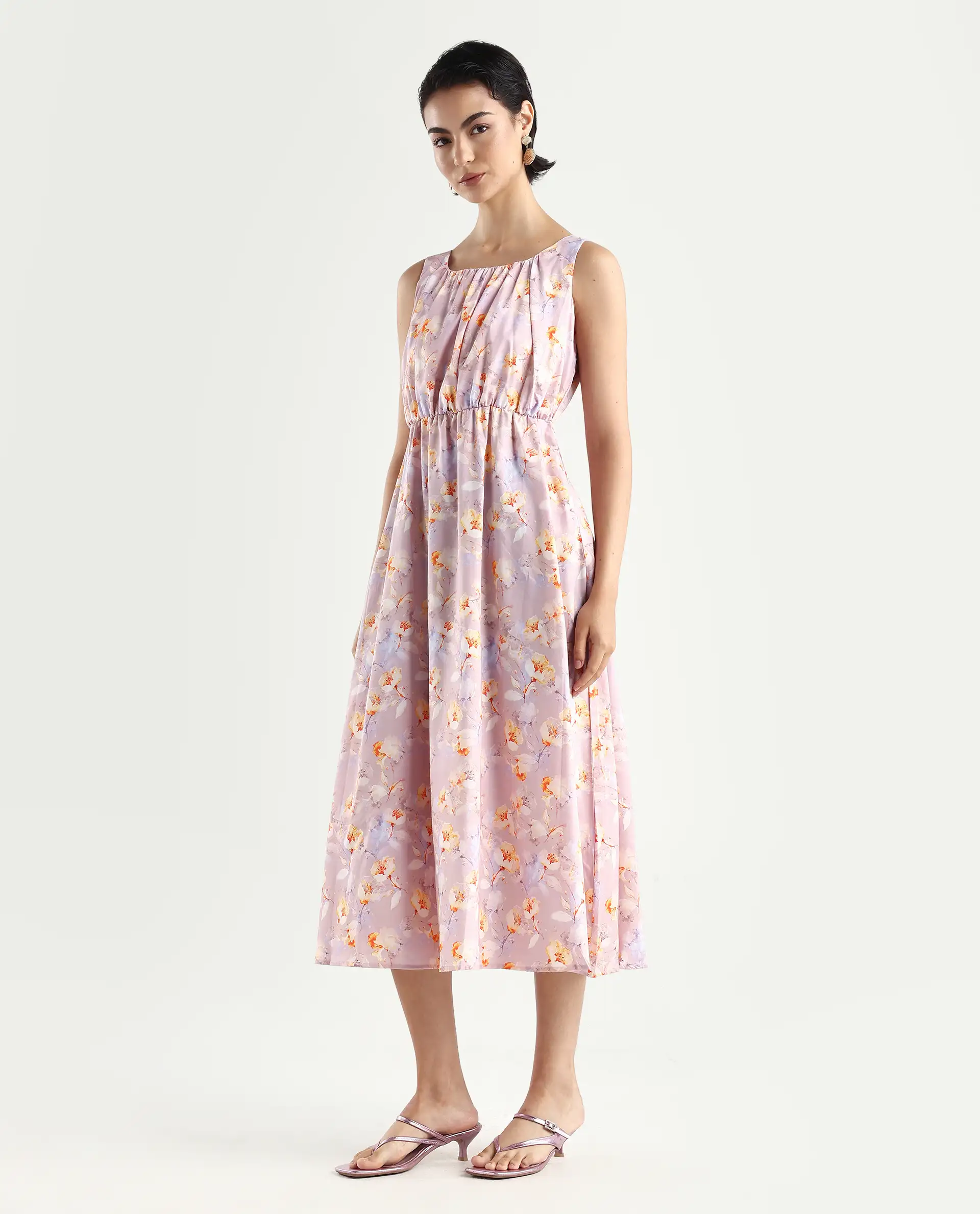 Rareism Women's Hailey Purple Cotton Crew Neck Floral Print Sleeveless Midi Regular Fit Dress - Image 5