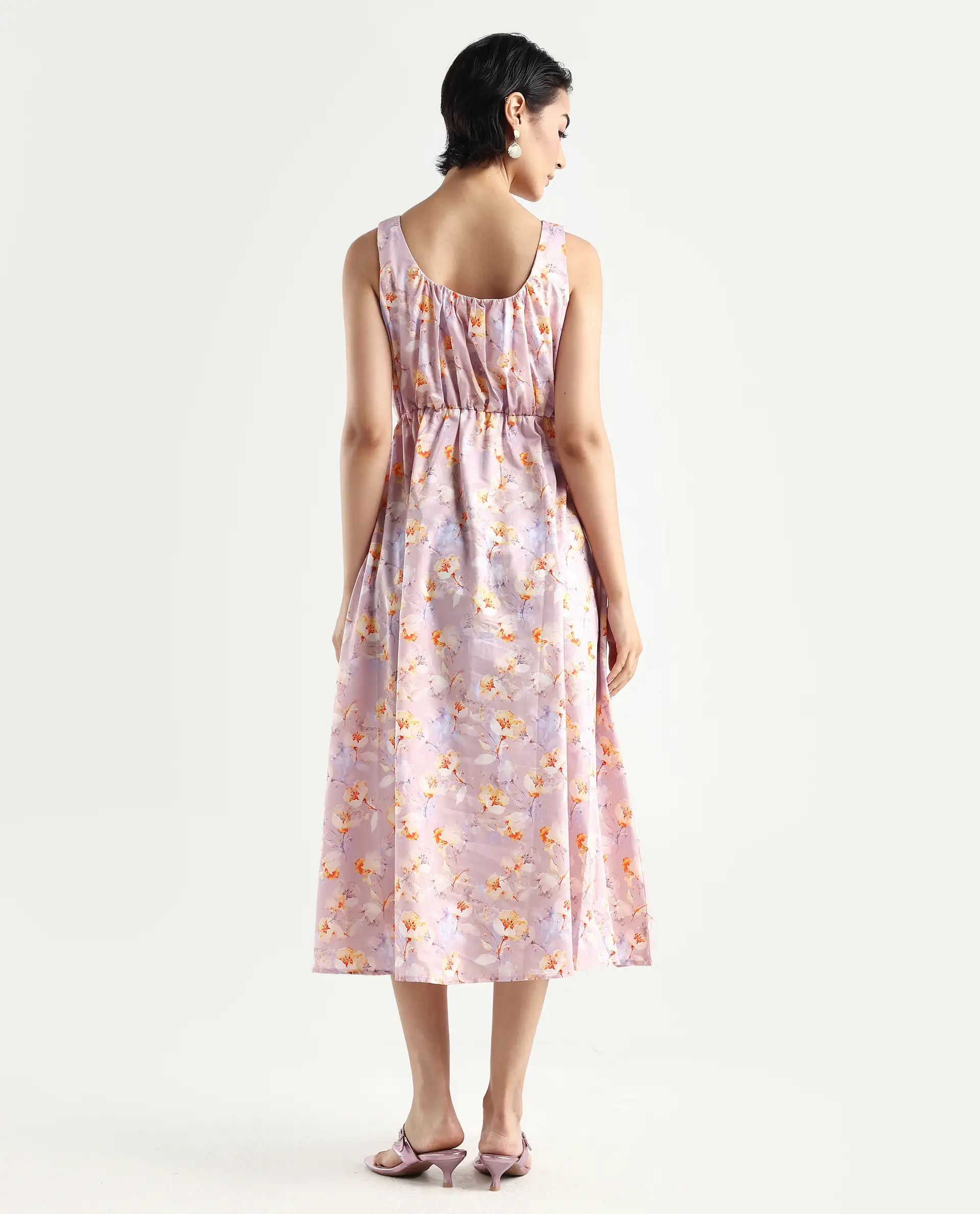 Rareism Women's Hailey Purple Cotton Crew Neck Floral Print Sleeveless Midi Regular Fit Dress - Image 7
