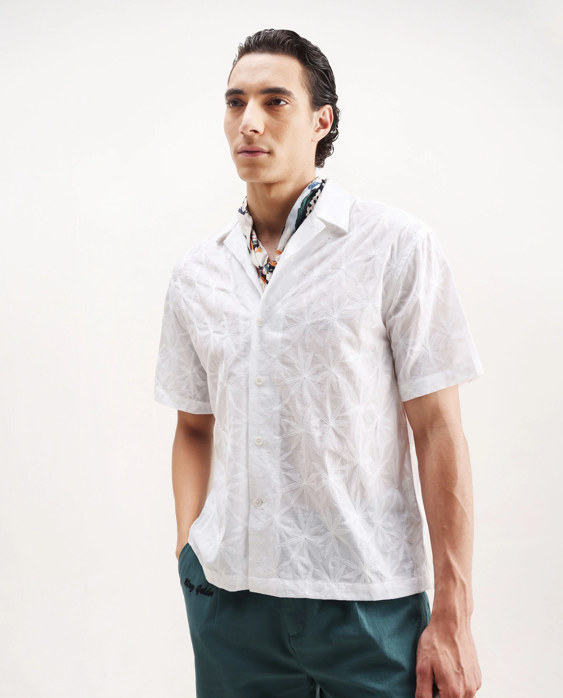 Rare Rabbit Men's Halo White Cotton Embroidered Boxy Fit Half Sleeve Cuban Collar Shirt