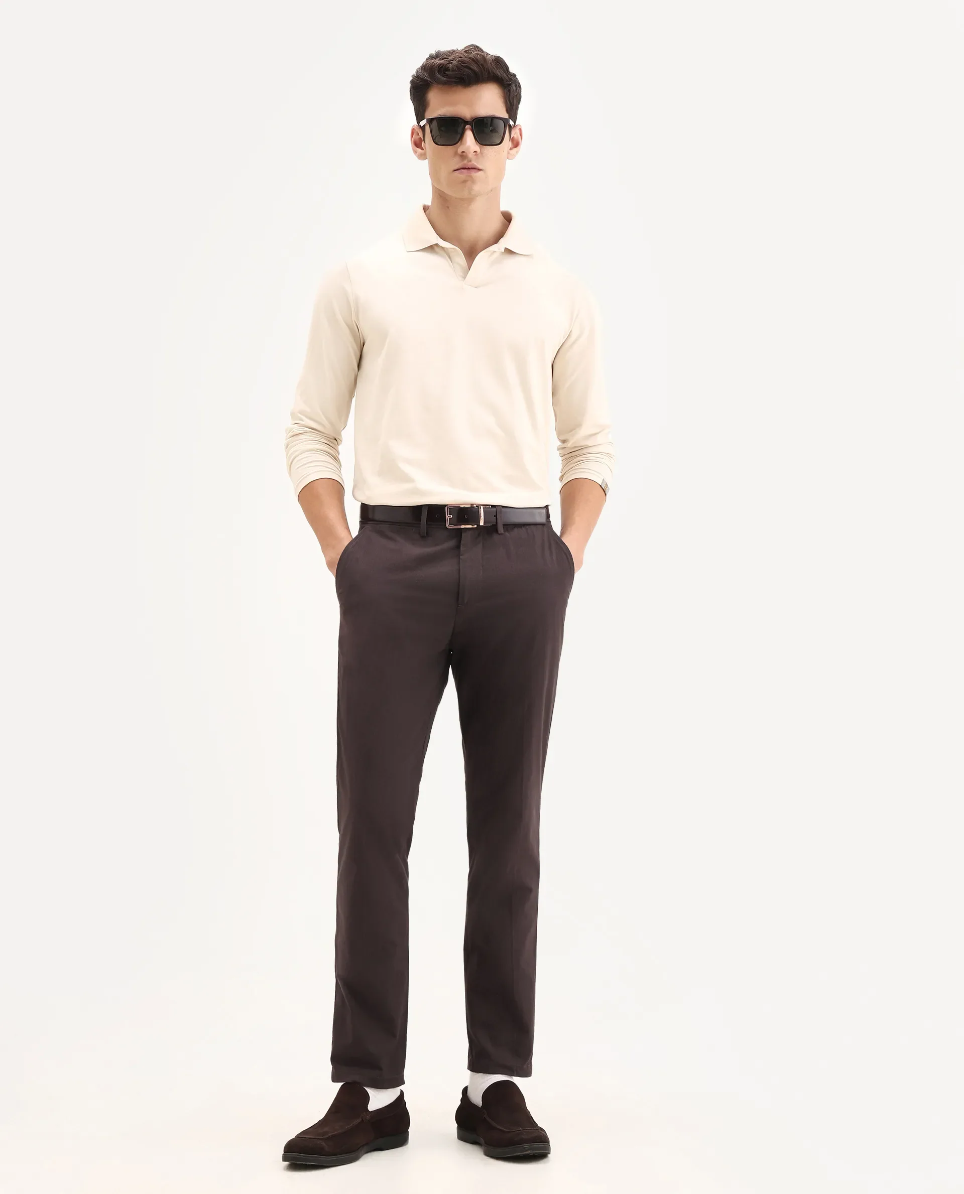 Rare Rabbit Men's Harlow Brown Cotton Plain Regular Fit Trouser