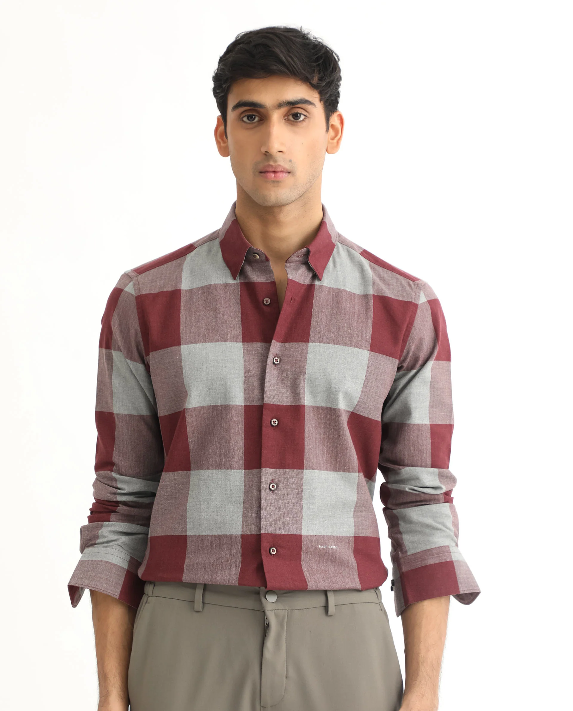 Rare Rabbit Men's Harter Maroon Cotton Checked Print Regular Fit Full Sleeve Collared Shirt
