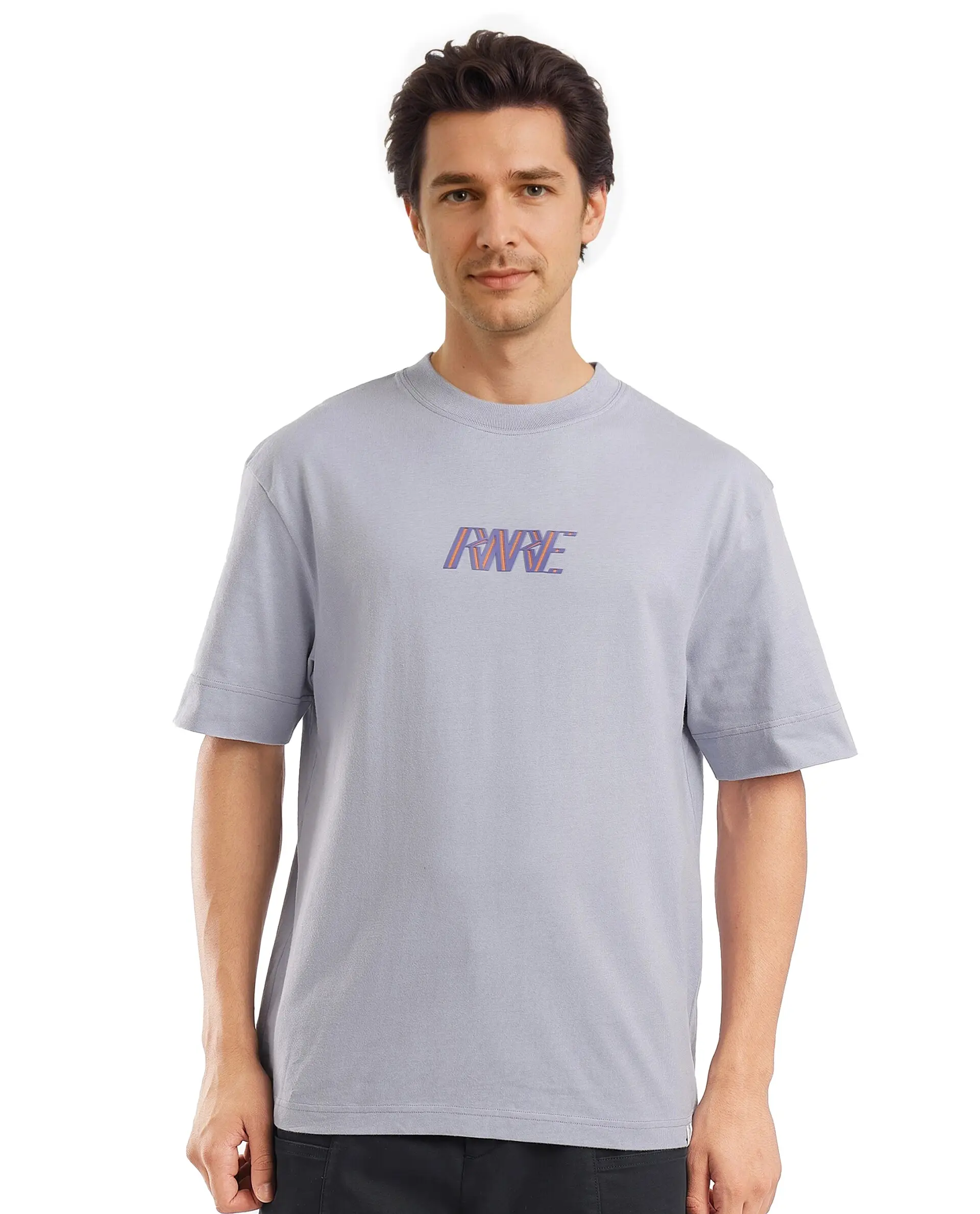 Rare Rabbit Men's Harve Light Blue Cotton Blend Graphic Print Boxy Fit Half Sleeve Crew Neck T-Shirt
