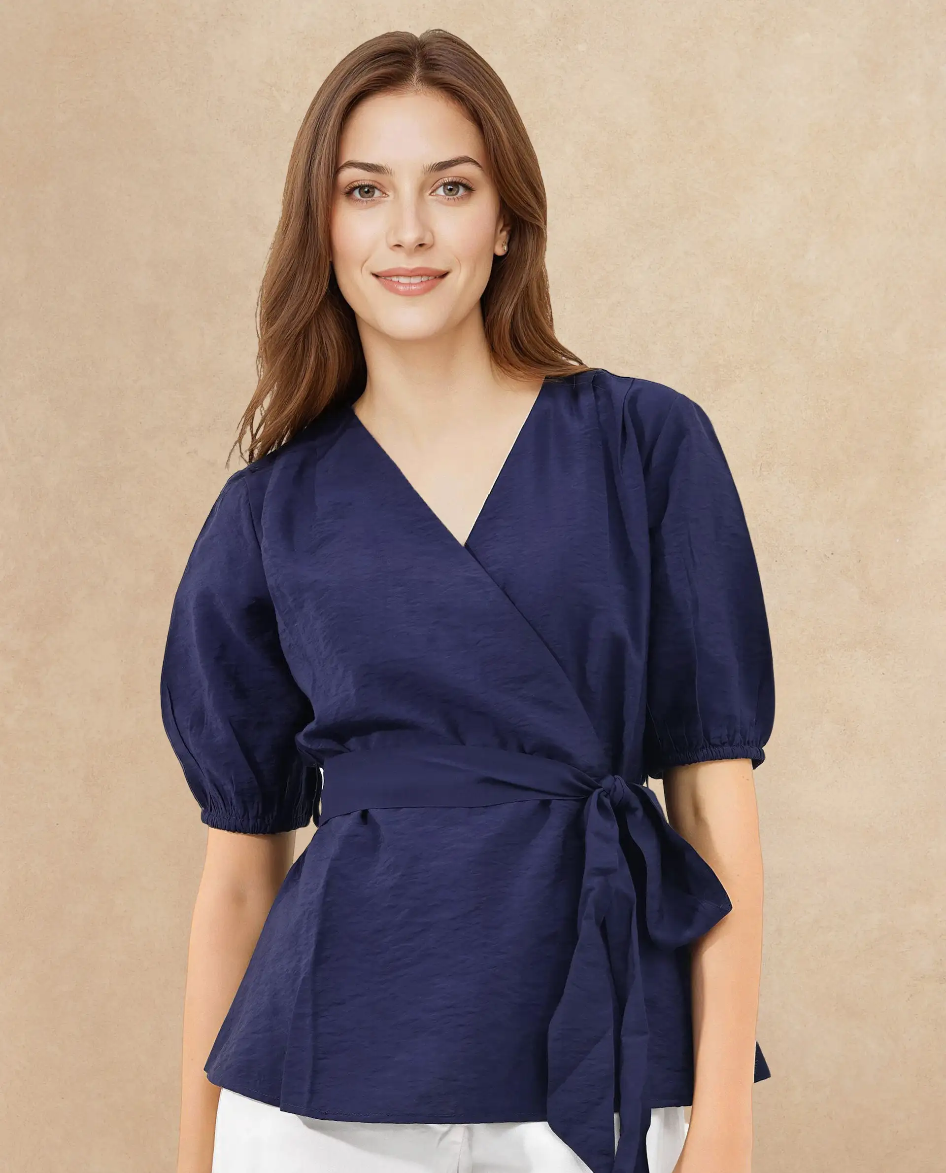 Rareism Women's Hatten Navy Rayon Overlap Neck Plain Puff Sleeves Regular Fit Top