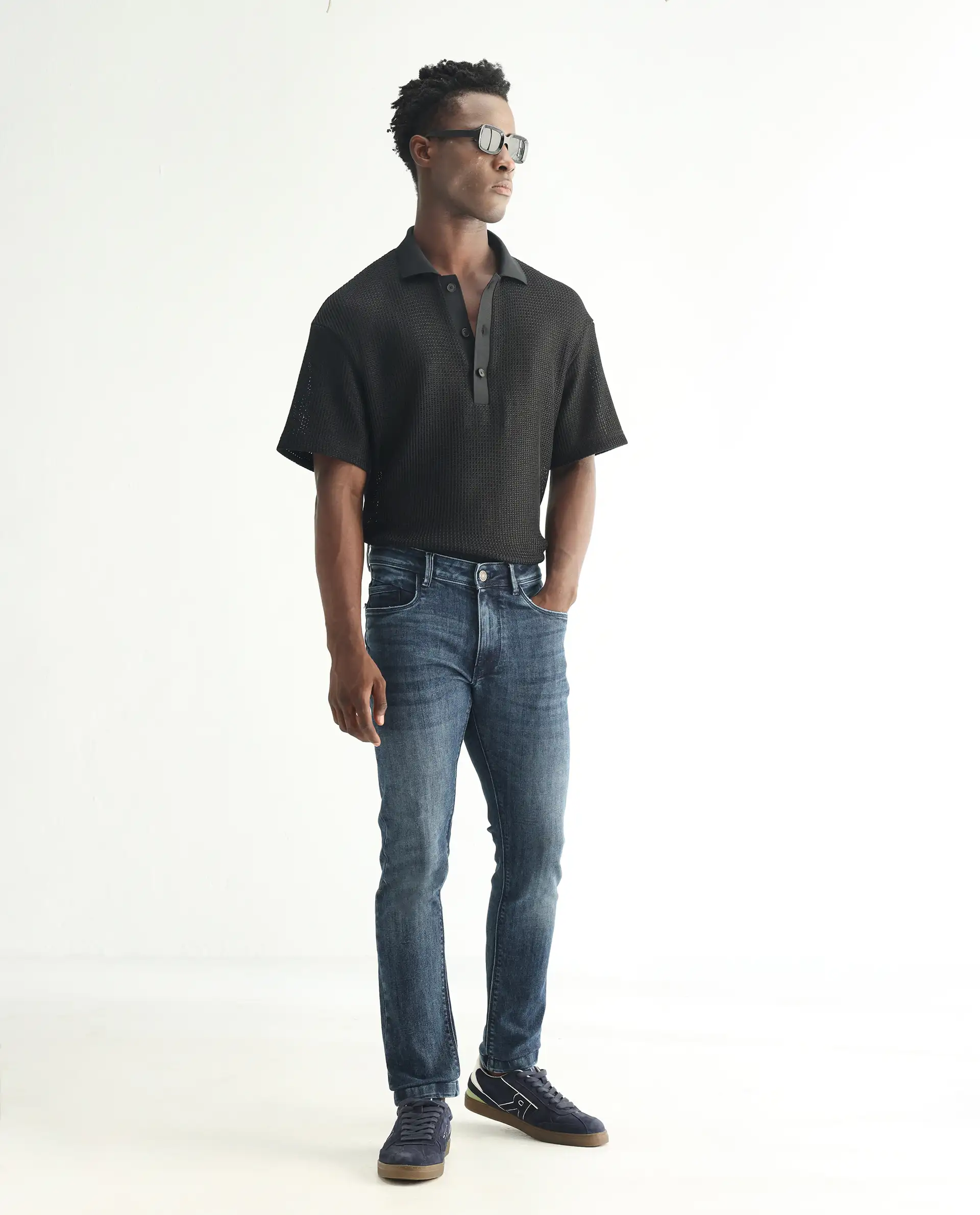 Rare Rabbit Men's Hawkins Dusky Blue Cotton Plain Hawk Slim Fit Jeans