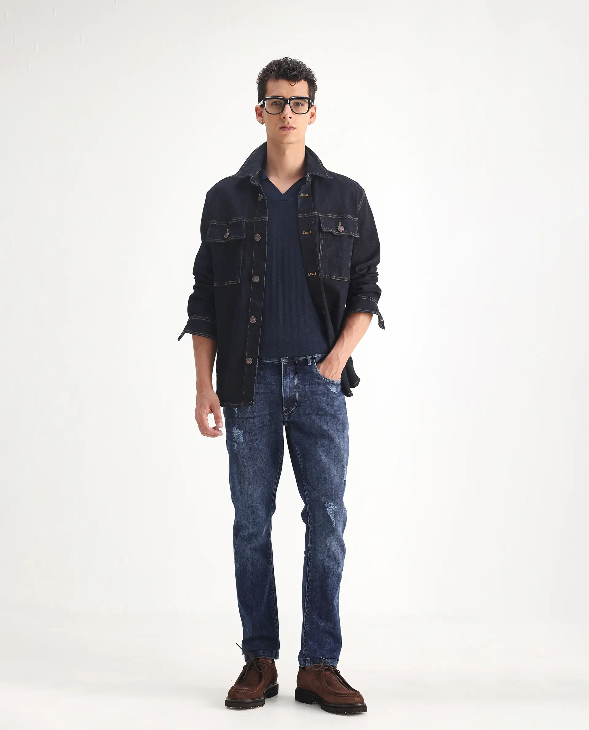 Rare Rabbit Men's Hawkins Light Blue Cotton Plain Hawk Slim Fit Jeans