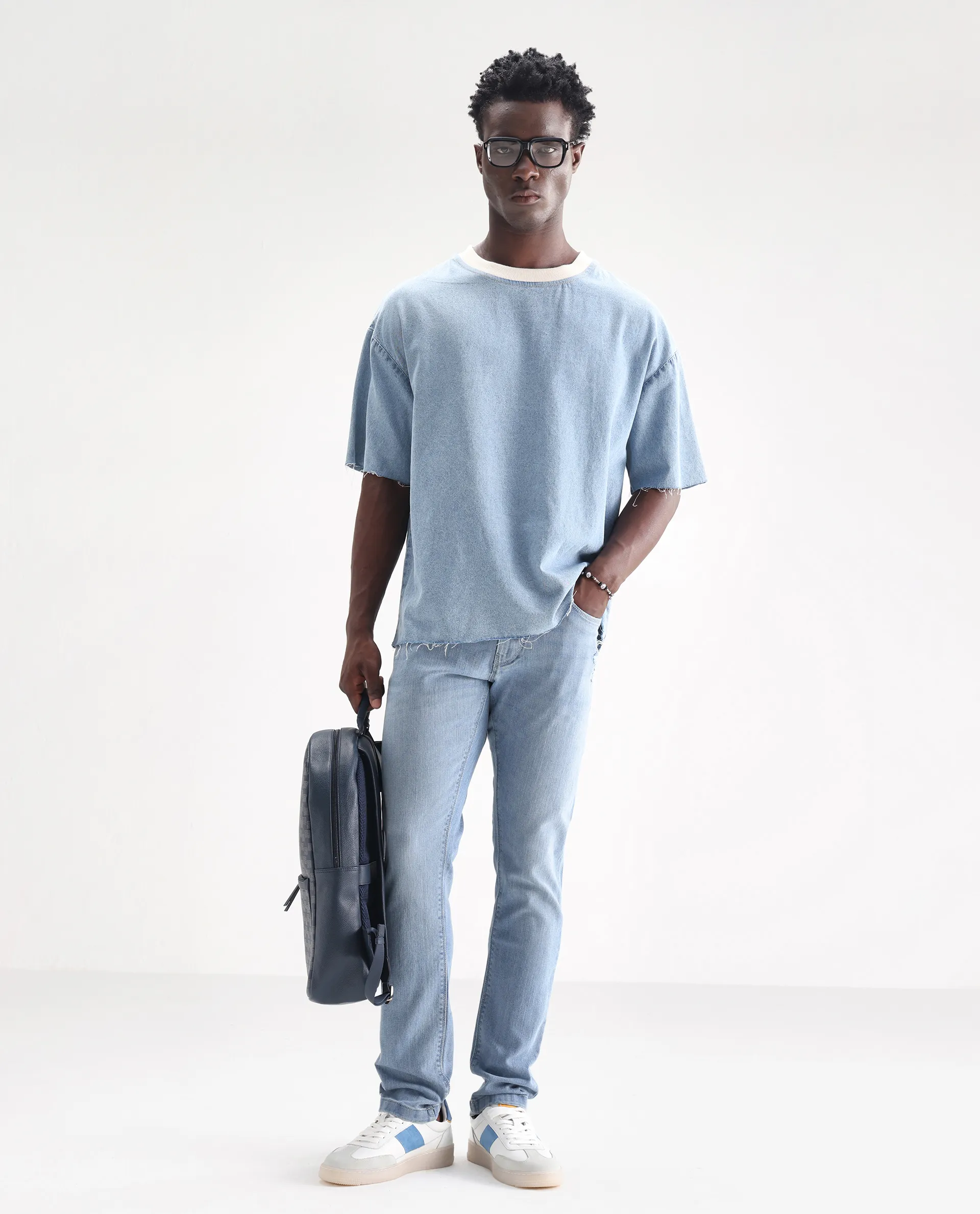 Rare Rabbit Men's Hawkins Pastel Blue Cotton Plain Hawk Slim Fit Jeans
