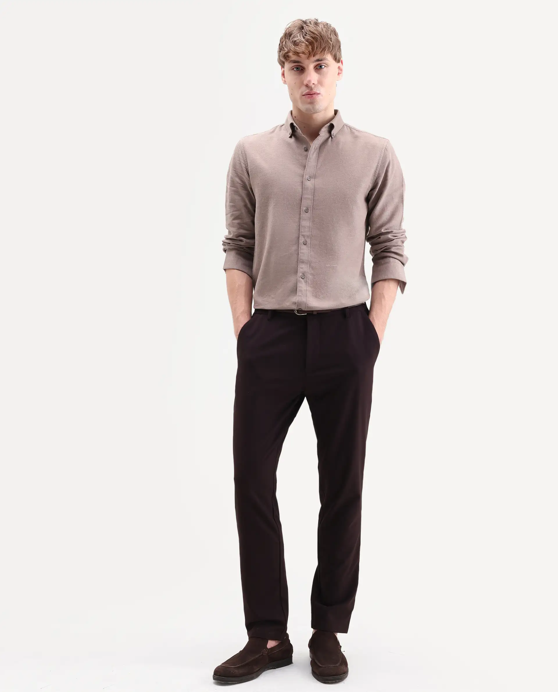 Rare Rabbit Men's Hax-P Pastel Brown Cotton Blend Fabric Full Sleeve Spread Collar Button Regular Plain Shirt - Image 2