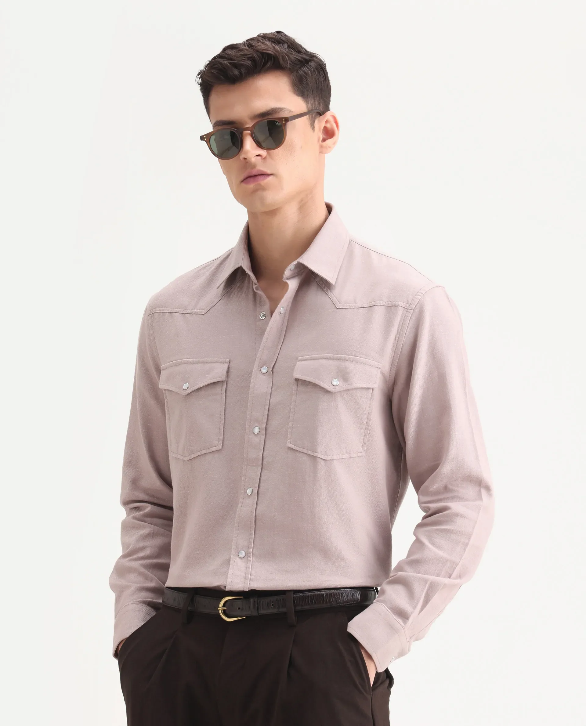 Rare Rabbit Men's Haxlr-25 Dusky Pink Cotton Plain Regular Fit Full Sleeve Collared Shirt