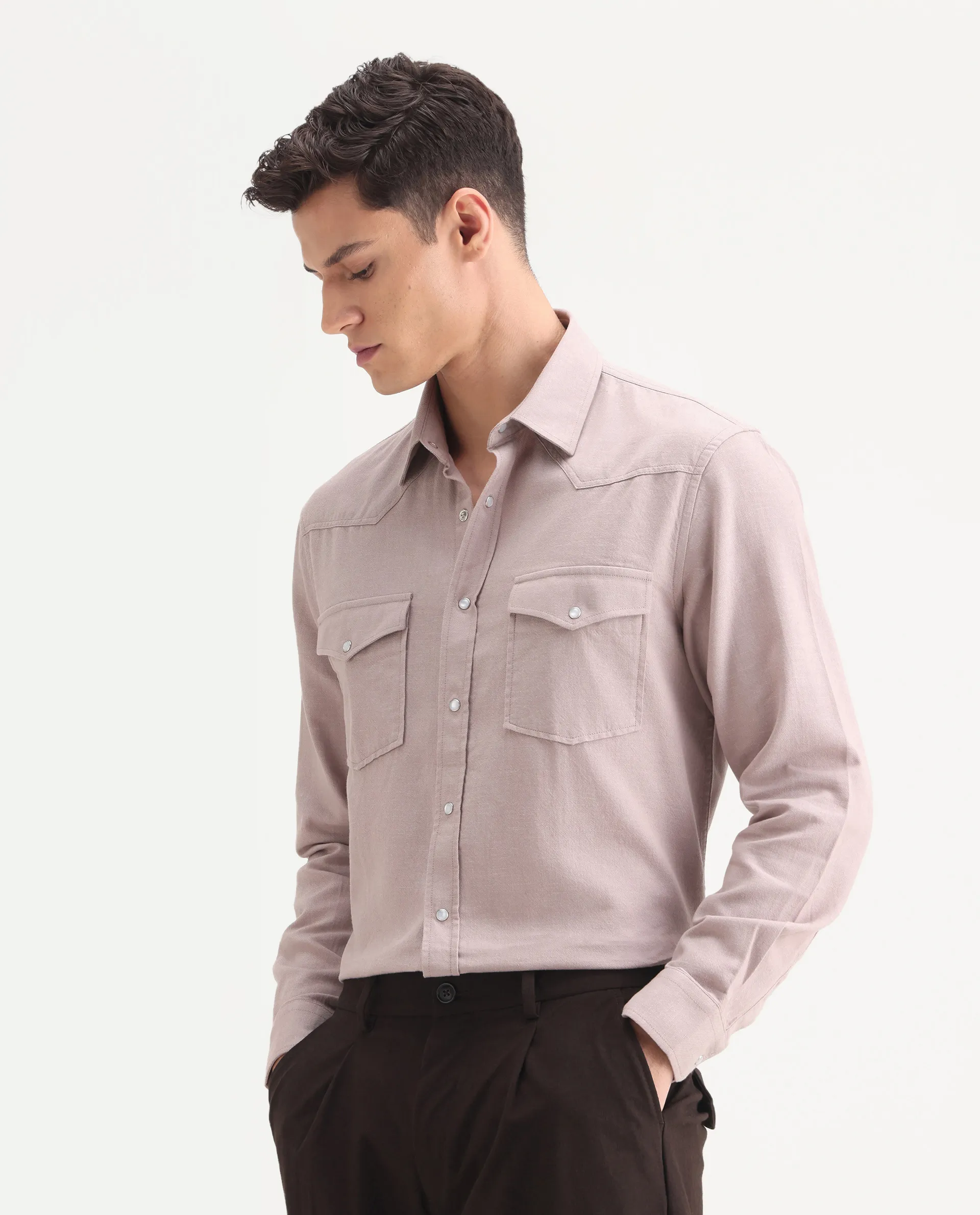 Rare Rabbit Men's Haxlr-25 Dusky Pink Cotton Plain Regular Fit Full Sleeve Collared Shirt - Image 5