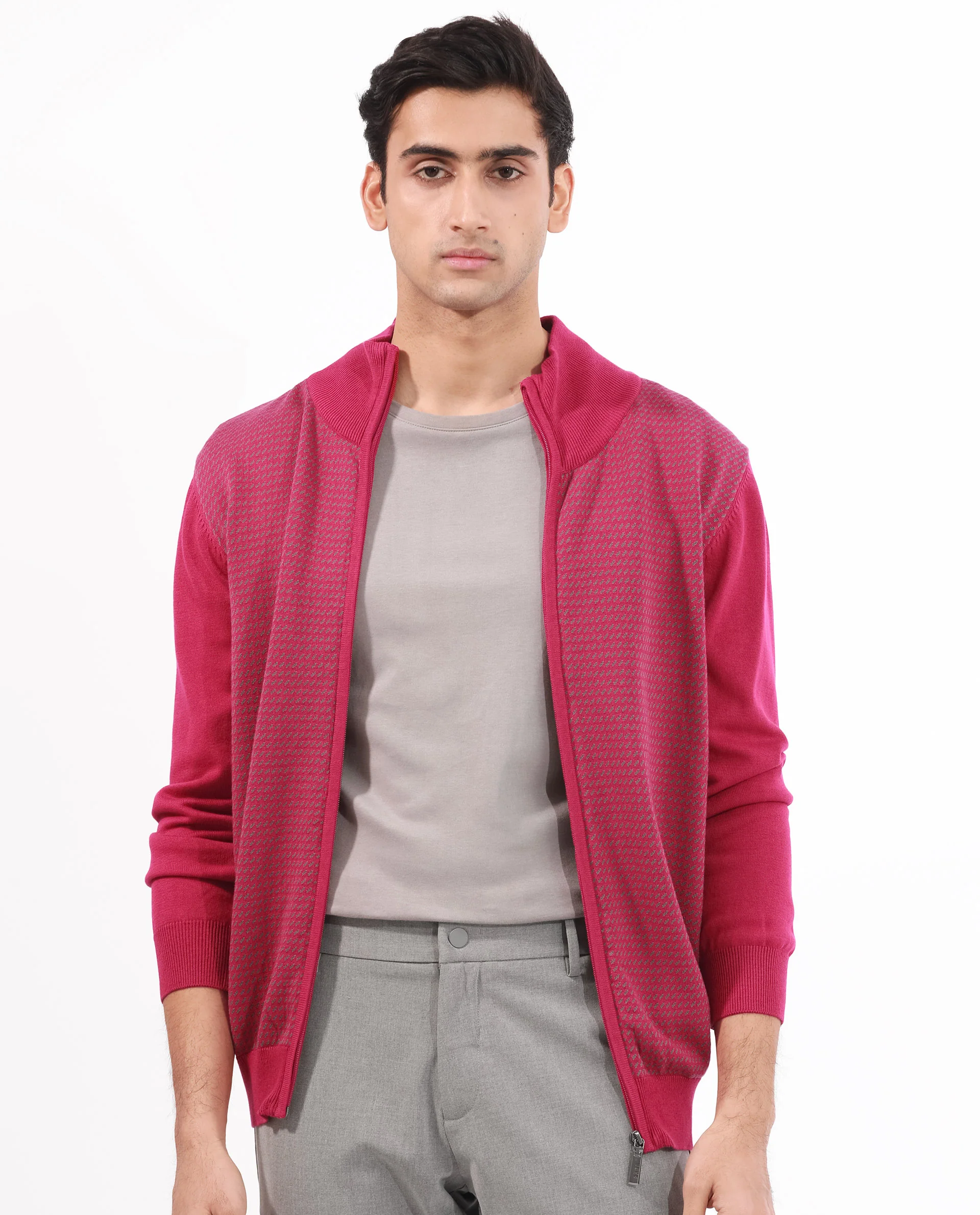 Rare Rabbit Men's Heritage Pink Cotton Jacquard Regular Fit Full Sleeve High Neck Sweater