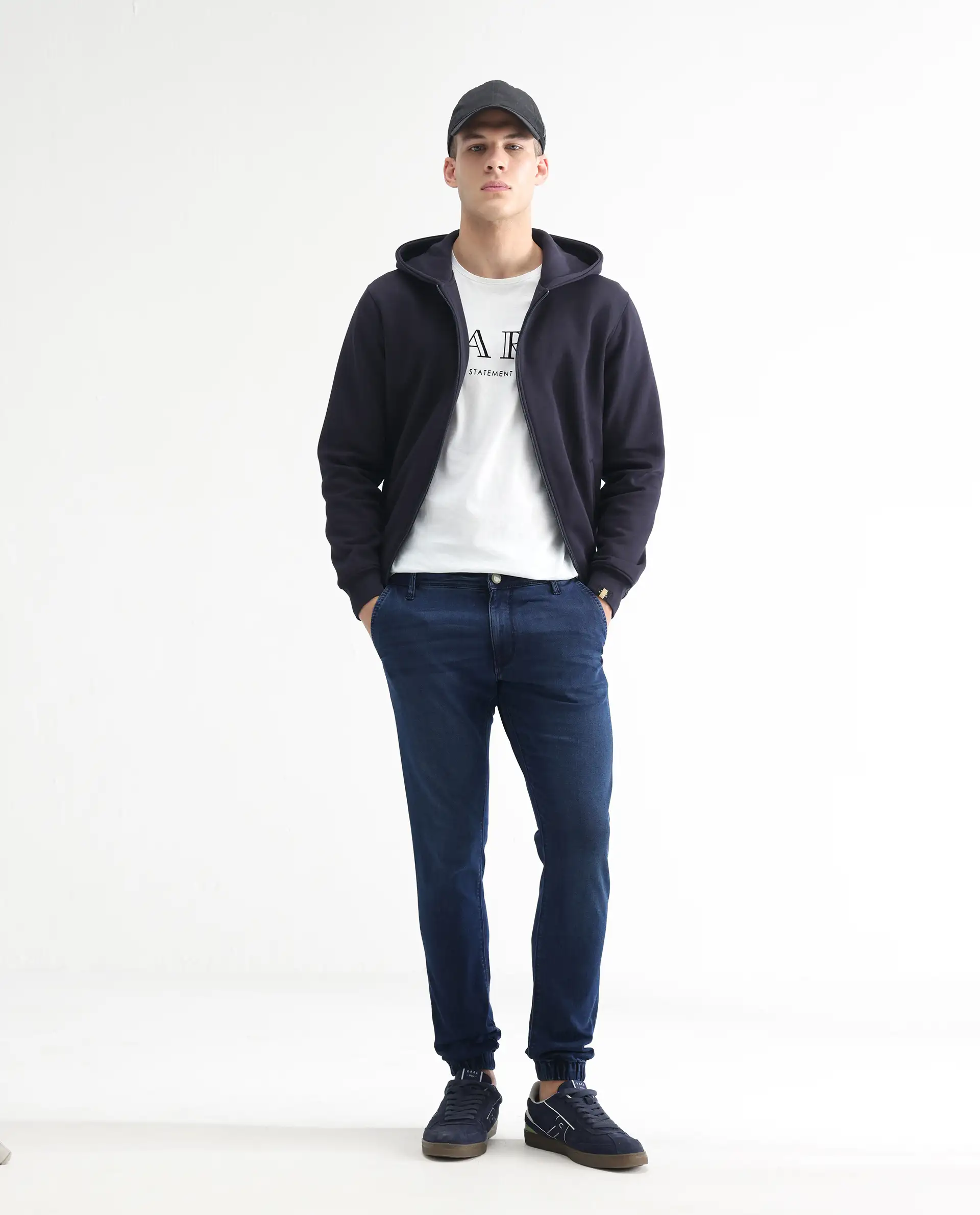 Rare Rabbit Men's Higg Blue Cotton Plain Hawk Slim Fit Jeans