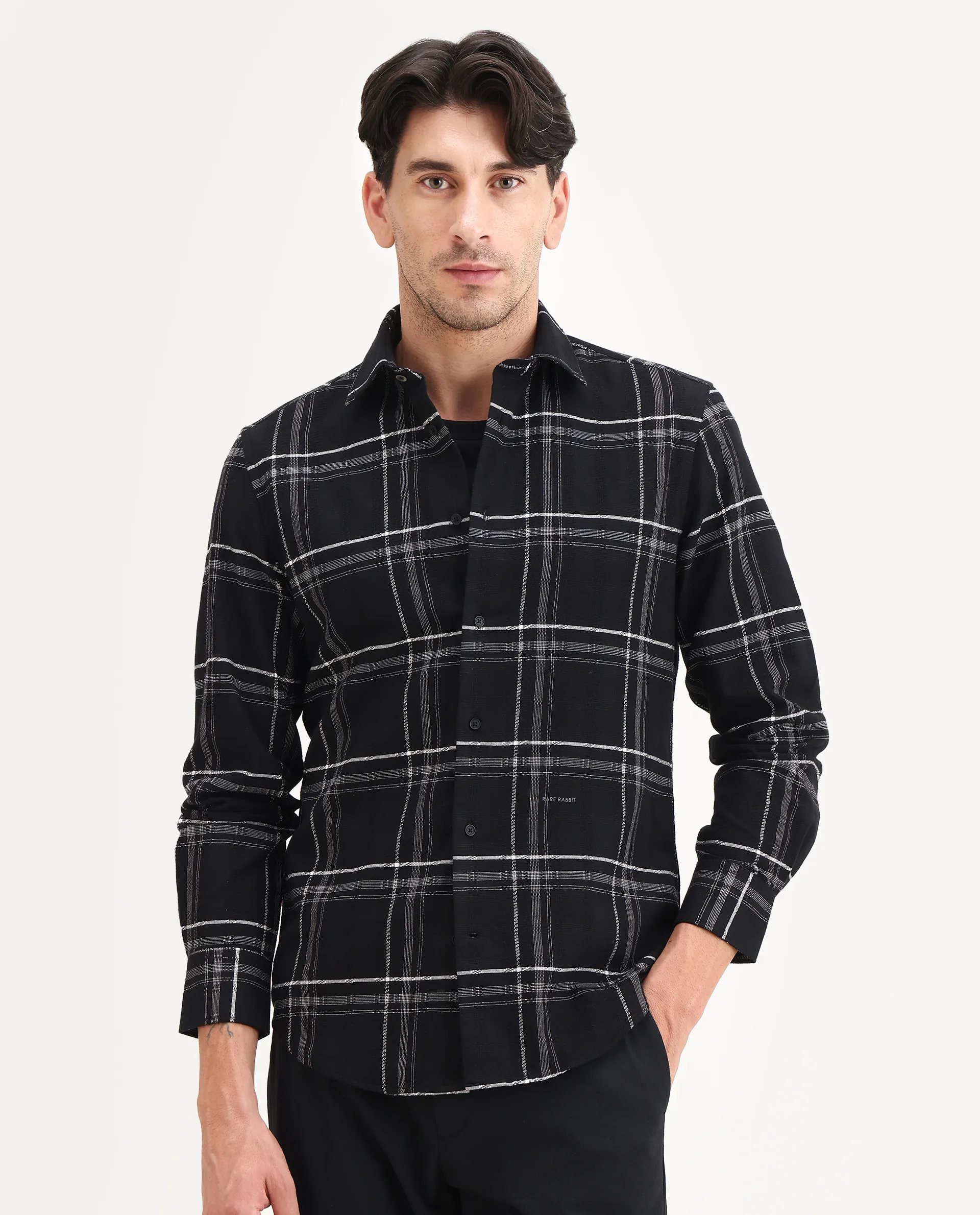 Rare Rabbit Men's Hitra Black Cotton Blend Fabric Full Sleeve Spread Collar Regular Fit Checks Shirt - Image 4