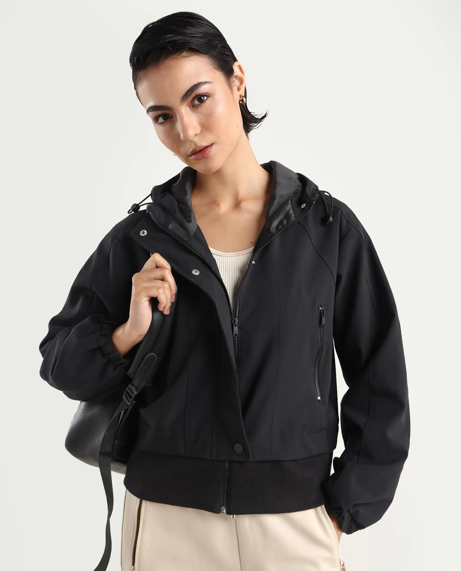 Rareism Women's Hoian Black Spread Collar Plain Ribbed Sleeve Boxy Fit Jacket