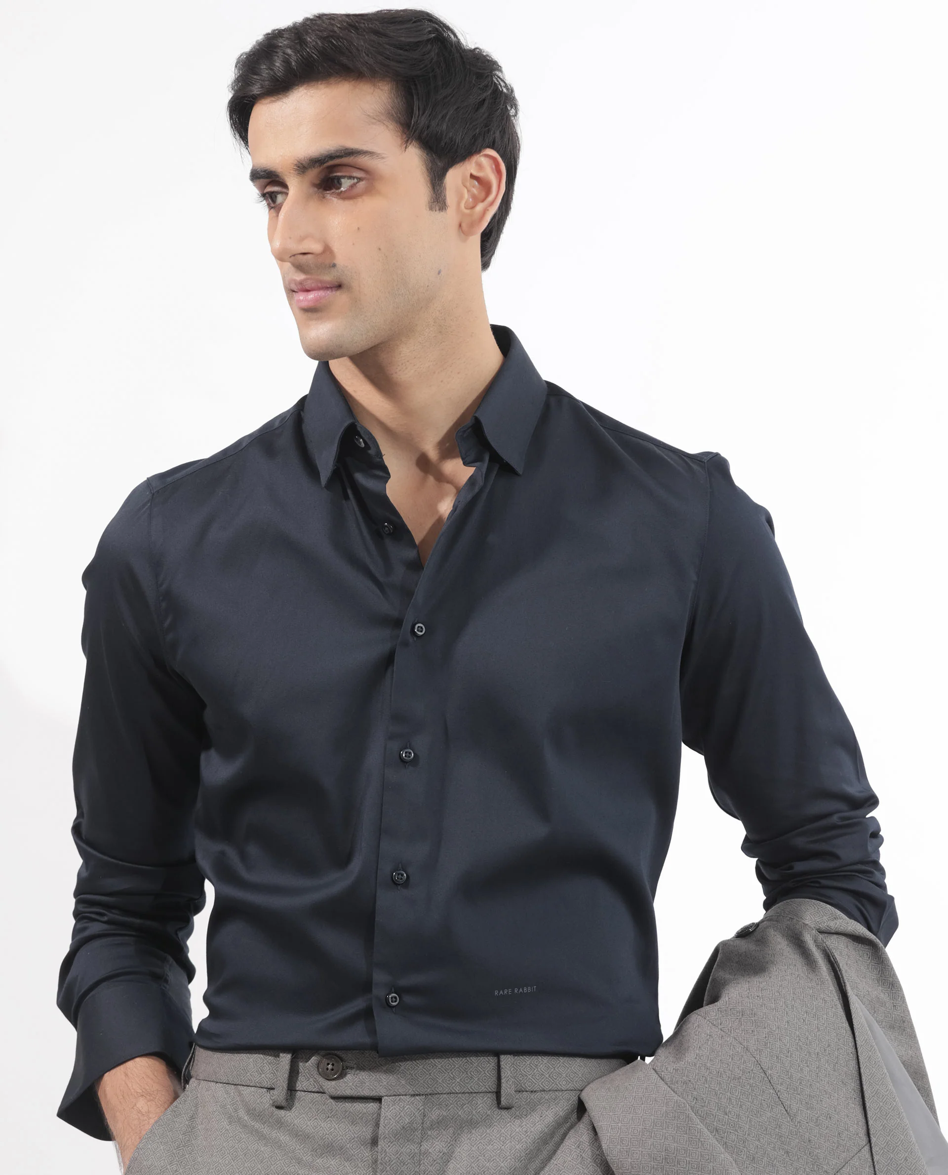 Rare Rabbit Men's Holand Navy Satin Plain Regular Fit Full Sleeve Collared Shirt - Image 7
