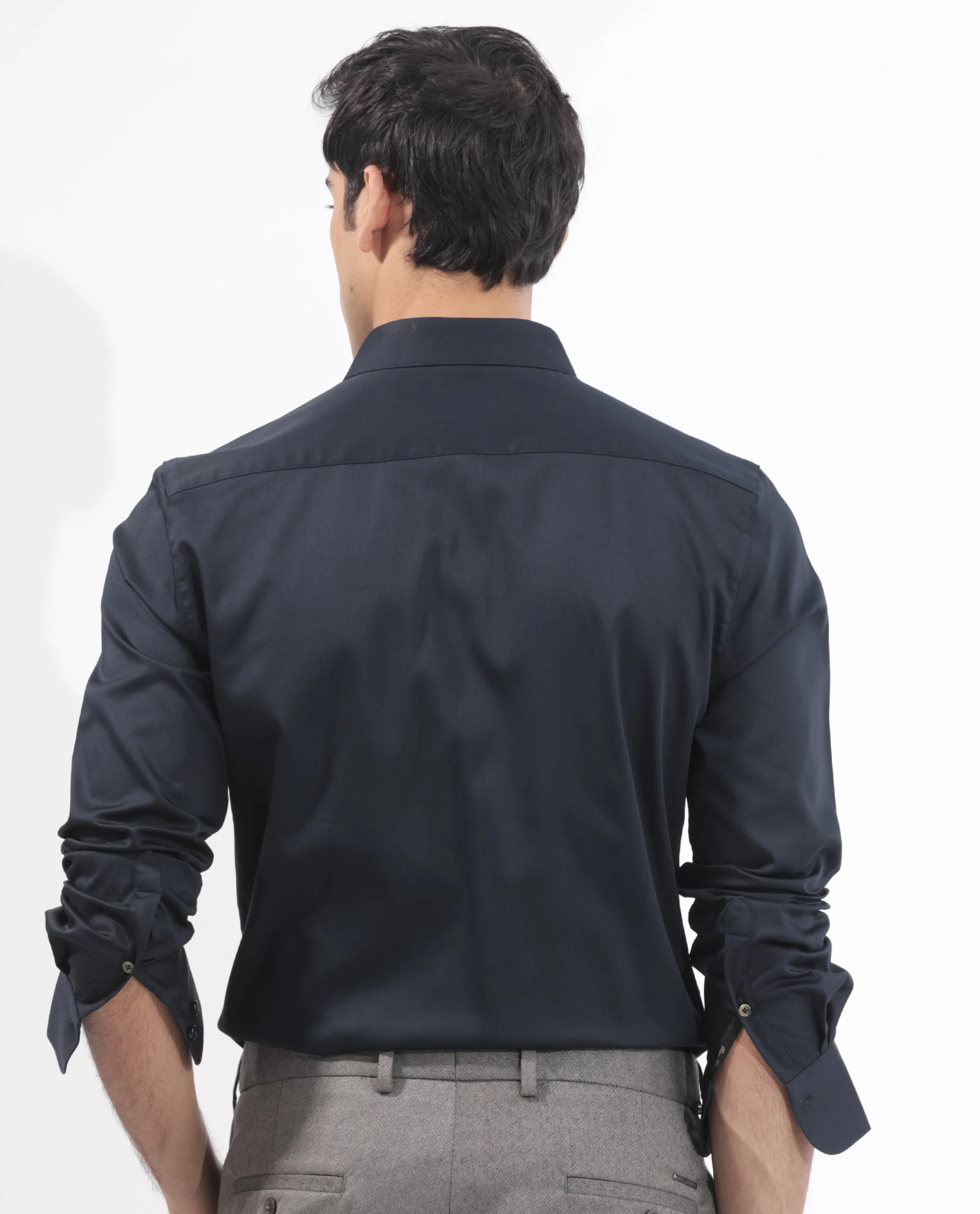 Rare Rabbit Men's Holand Navy Satin Plain Regular Fit Full Sleeve Collared Shirt - Image 9