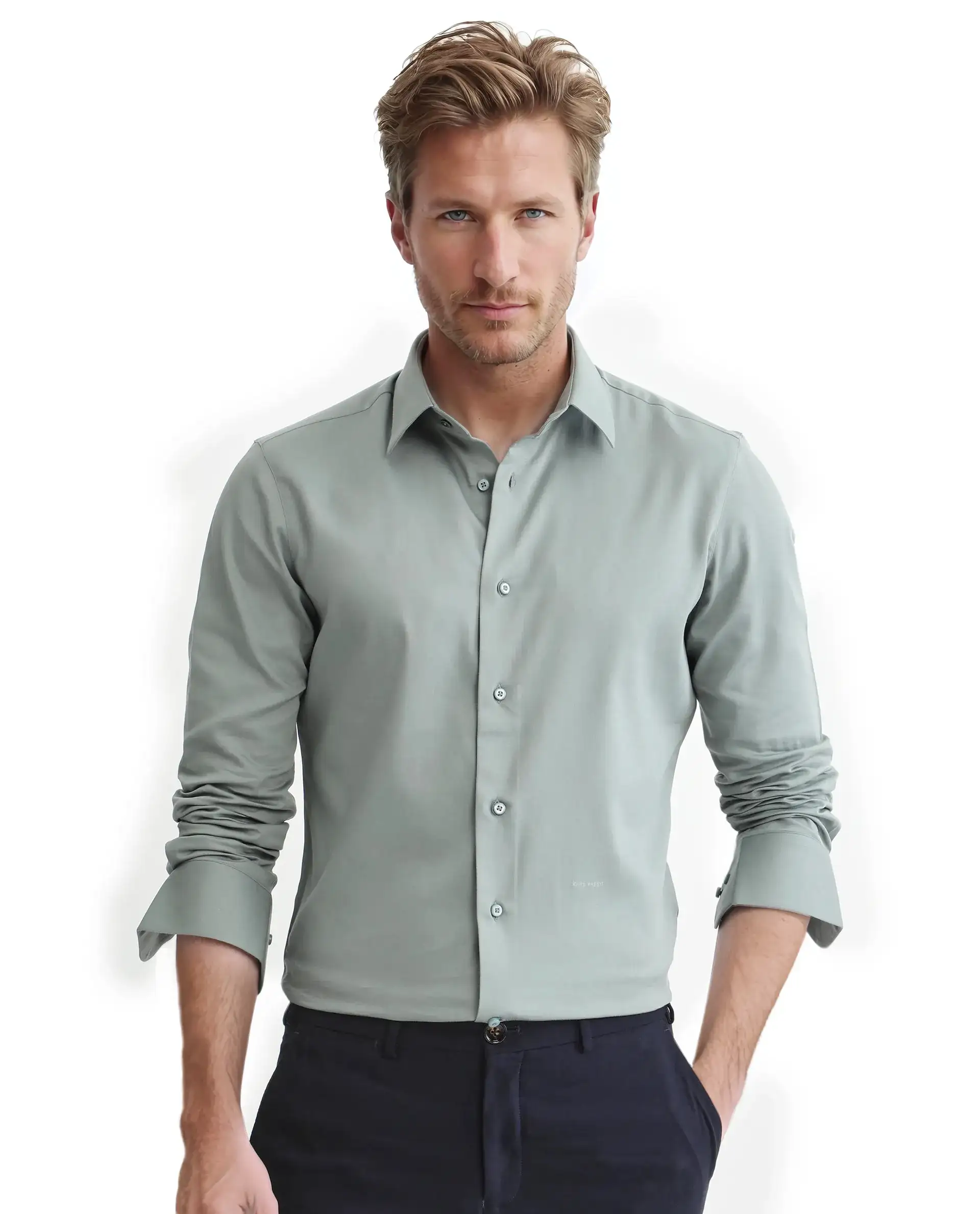 Rare Rabbit Men's Holla-25 Dusky Green Cotton Blend Plain Regular Fit Full Sleeve Collared Shirt