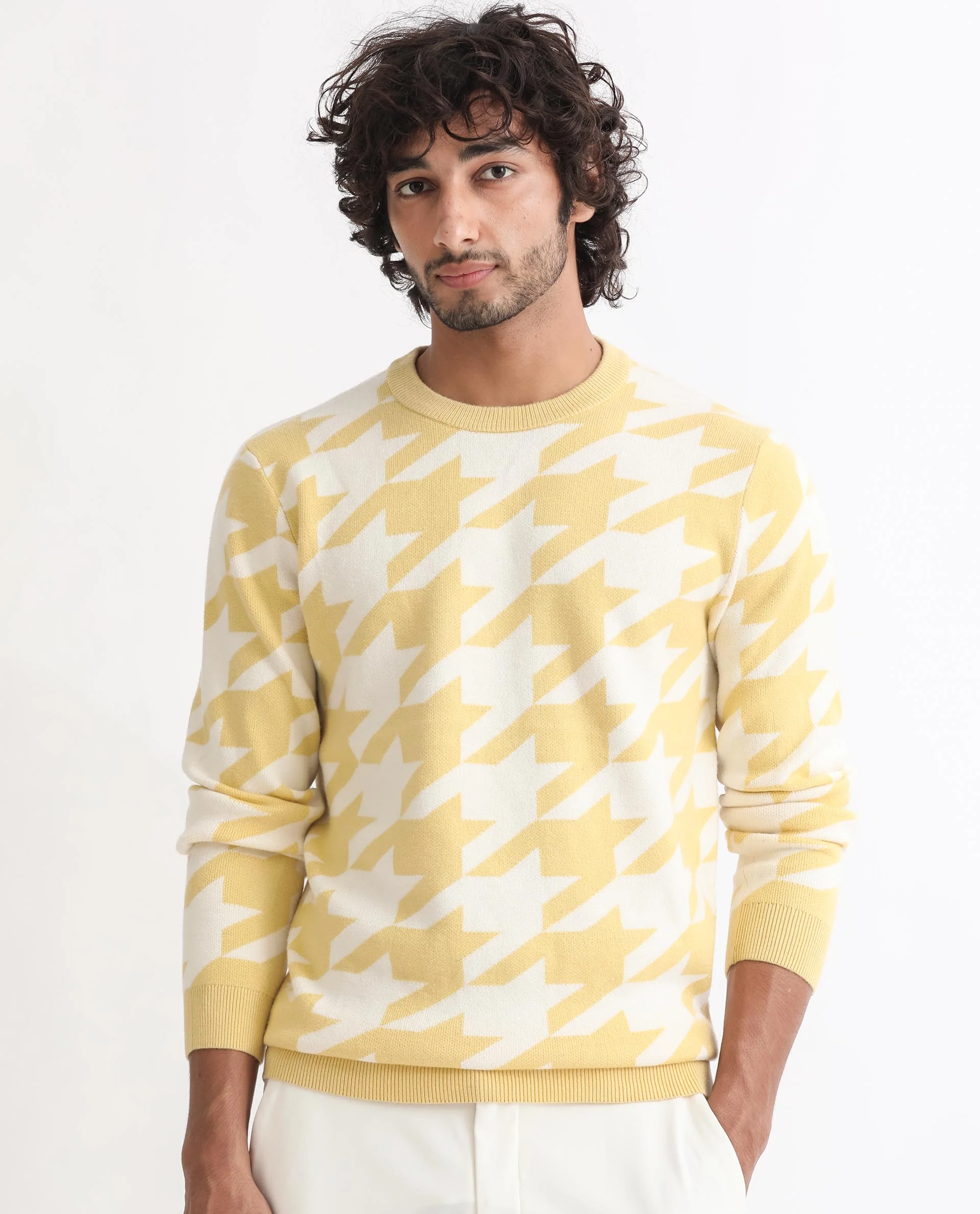 Rare Rabbit Men's Honder Yellow Viscose Jacquard Relaxed Fit Full Sleeve Crew Neck Sweater
