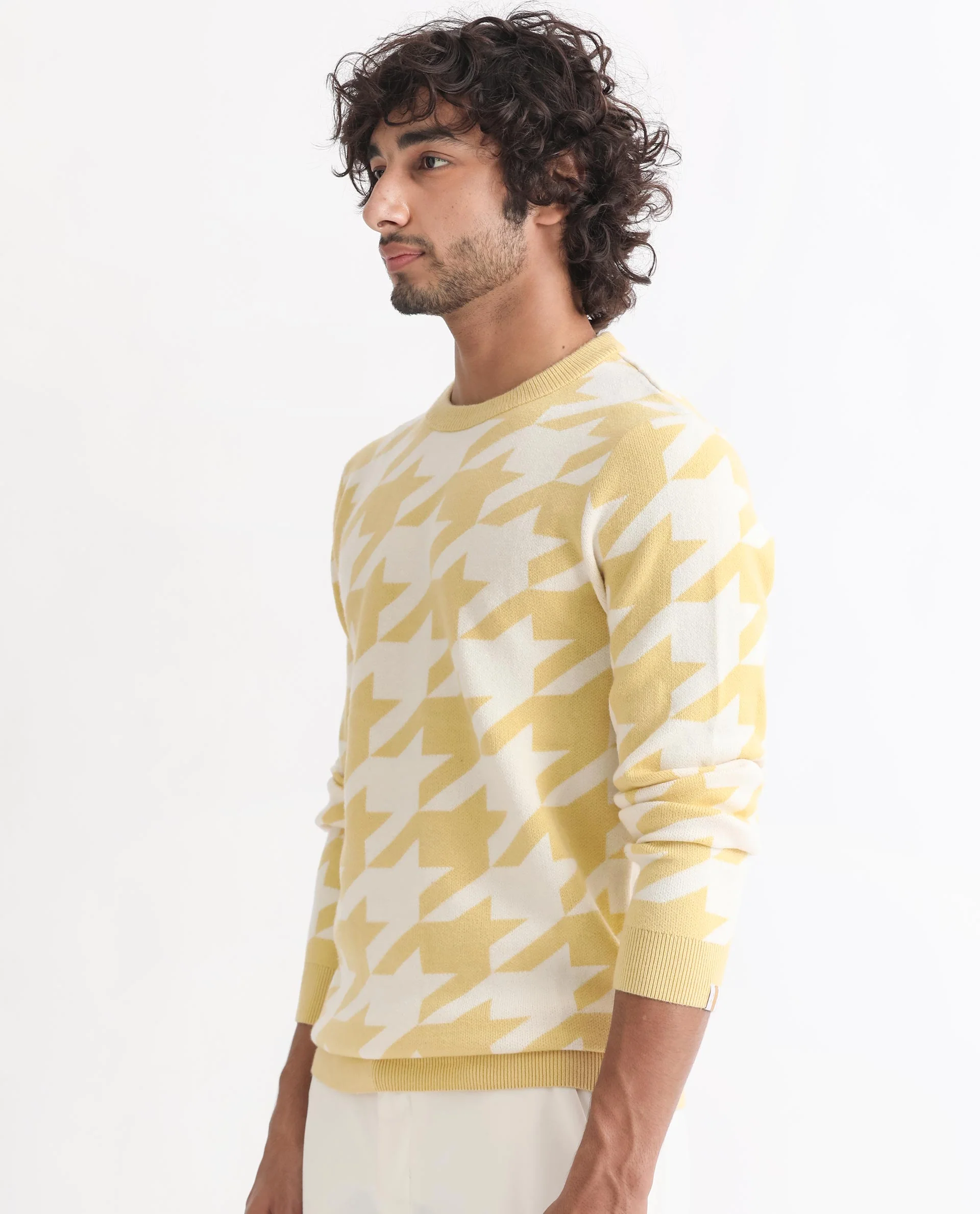 Rare Rabbit Men's Honder Yellow Viscose Jacquard Relaxed Fit Full Sleeve Crew Neck Sweater - Image 6