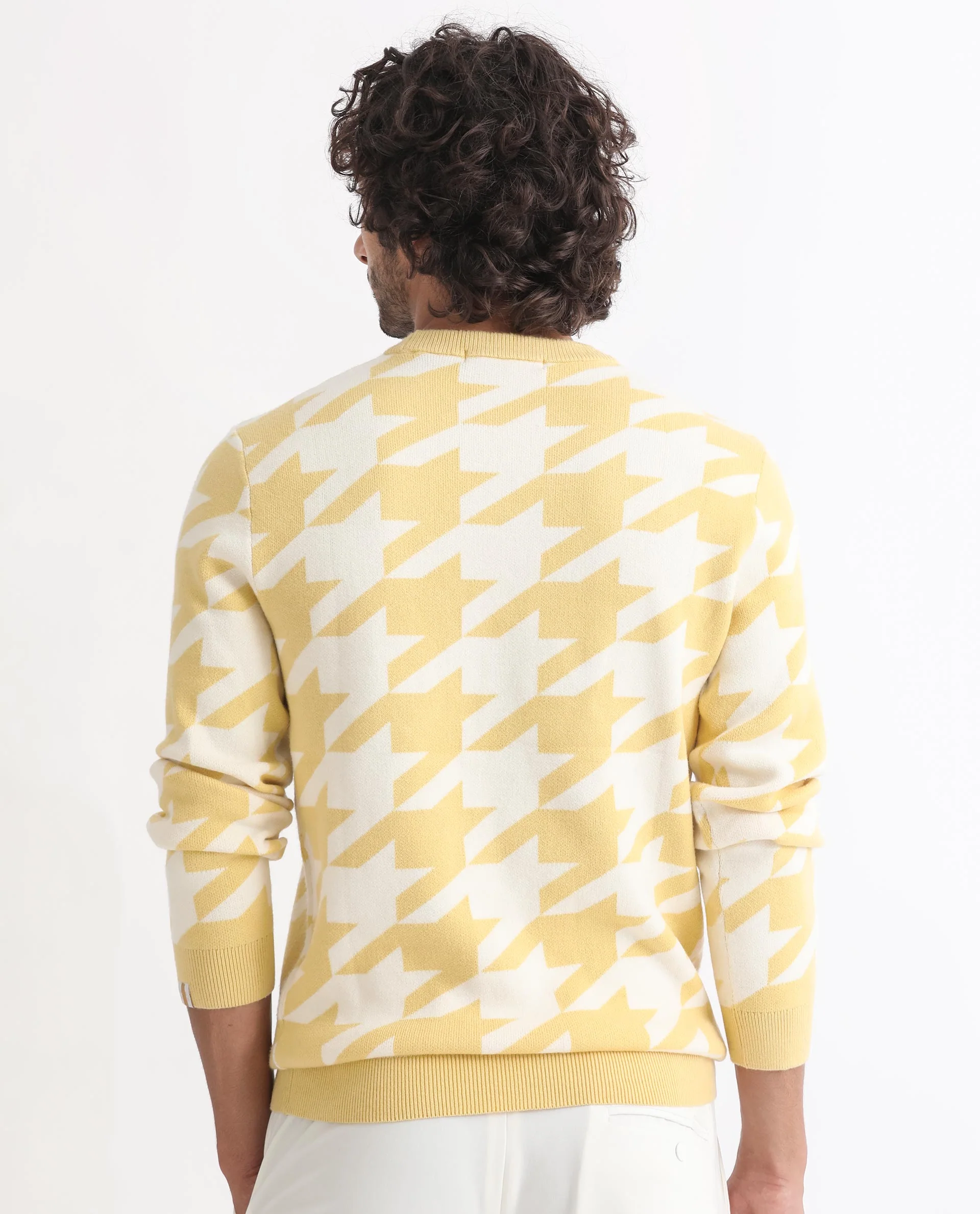 Rare Rabbit Men's Honder Yellow Viscose Jacquard Relaxed Fit Full Sleeve Crew Neck Sweater - Image 8