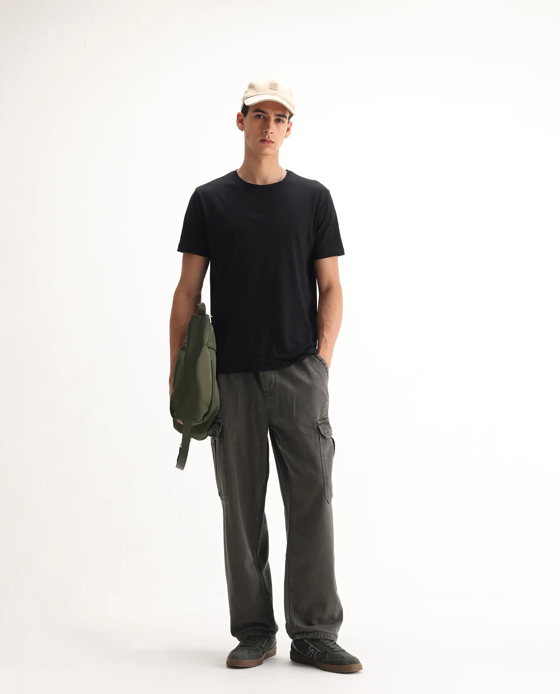 Rare Rabbit Men's Hork Dark Green Cotton Plain Baggy Fit Jeans