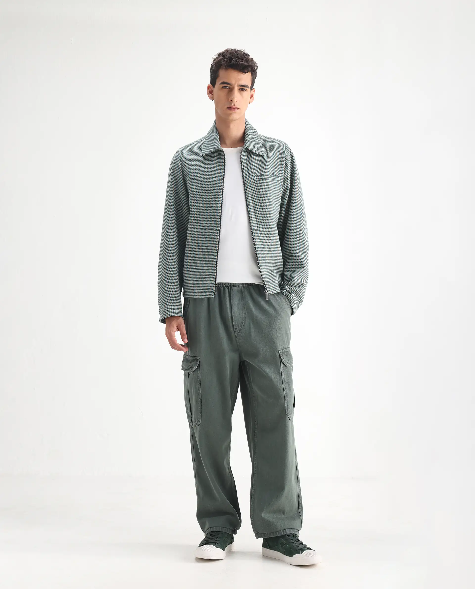 Rare Rabbit Men's Hork Green Cotton Plain Baggy Fit Jeans