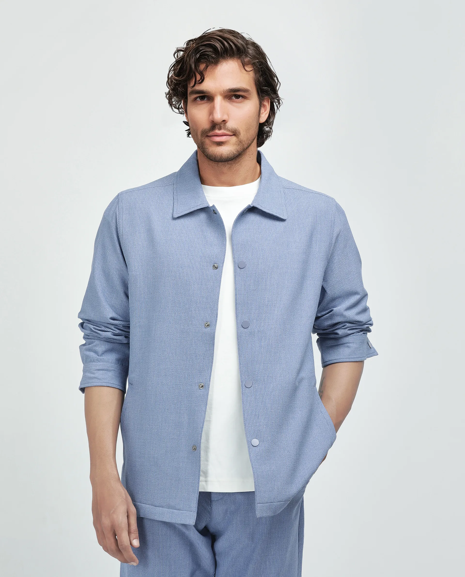 Rare Rabbit Men's Horns Blue Polyester Blend Striped Print Relaxed Fit Full Sleeve Collared Shacket