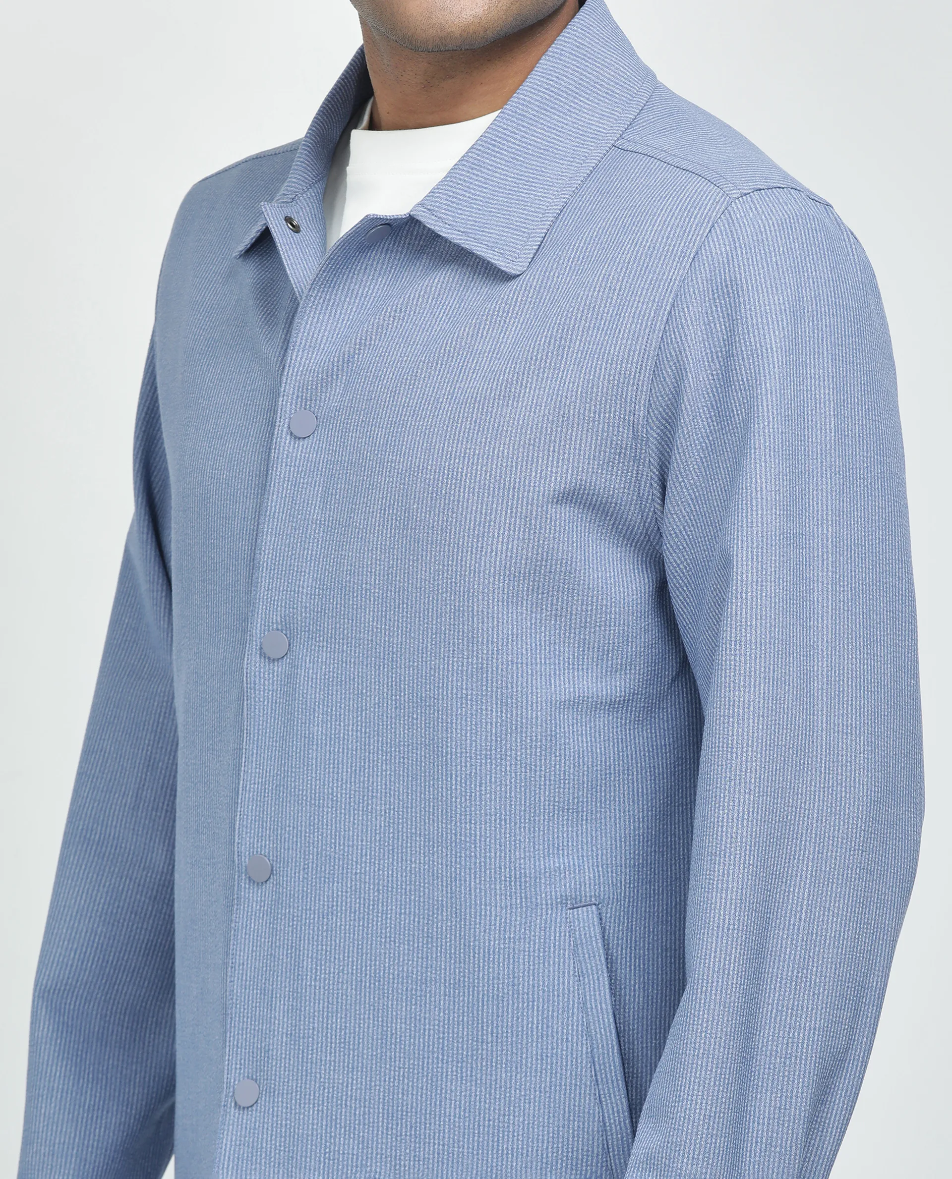 Rare Rabbit Men's Horns Blue Polyester Blend Striped Print Relaxed Fit Full Sleeve Collared Shacket - Image 3