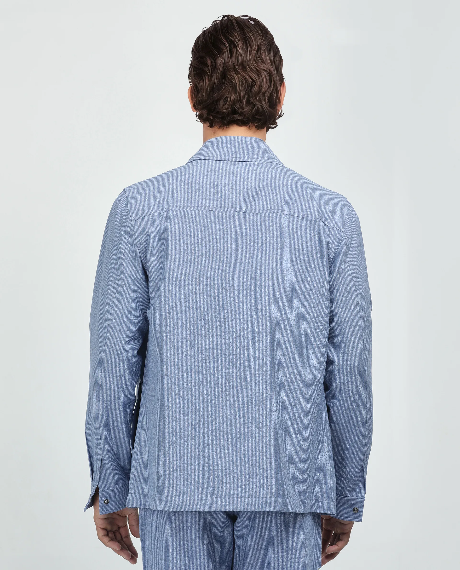 Rare Rabbit Men's Horns Blue Polyester Blend Striped Print Relaxed Fit Full Sleeve Collared Shacket - Image 4