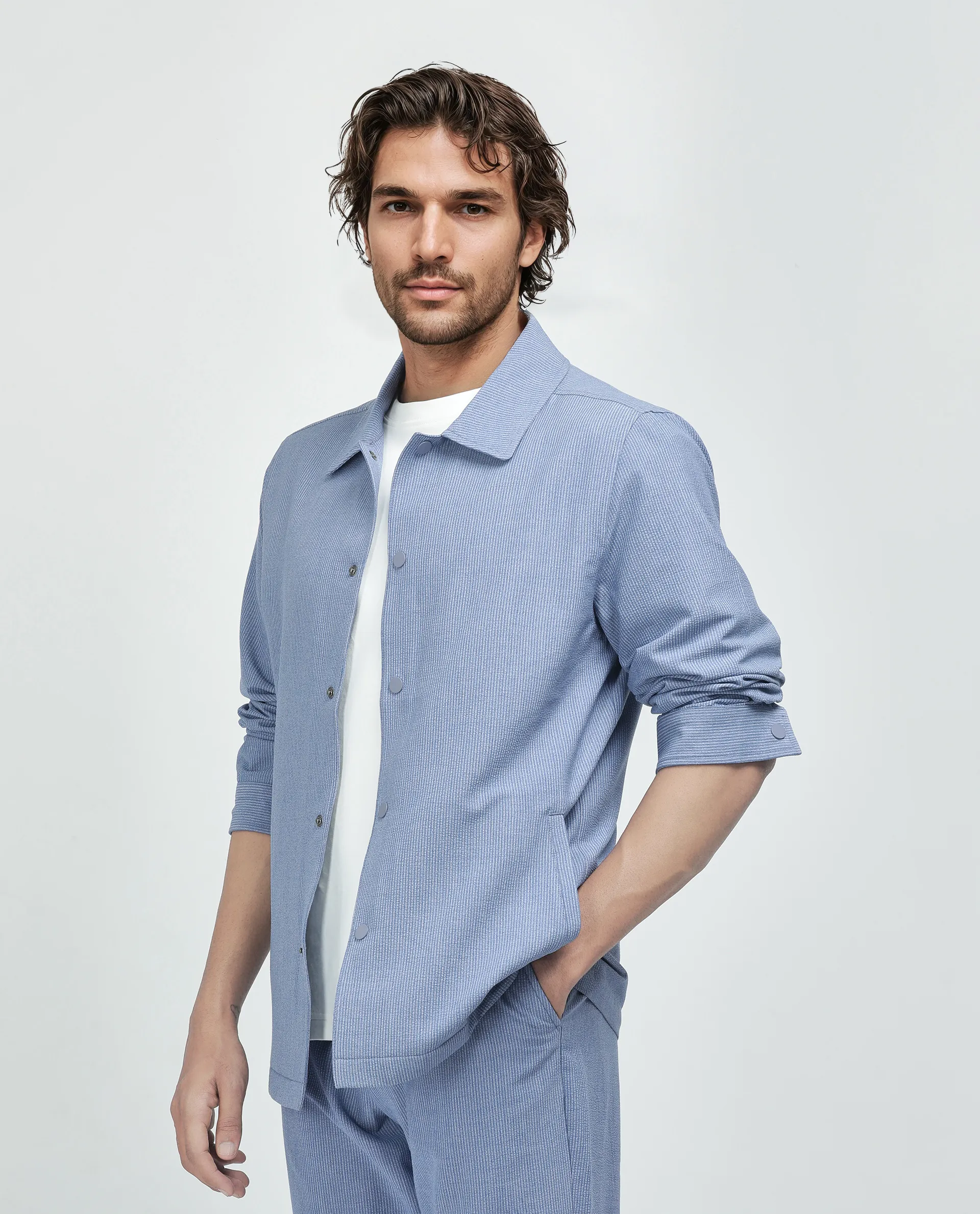 Rare Rabbit Men's Horns Blue Polyester Blend Striped Print Relaxed Fit Full Sleeve Collared Shacket - Image 5