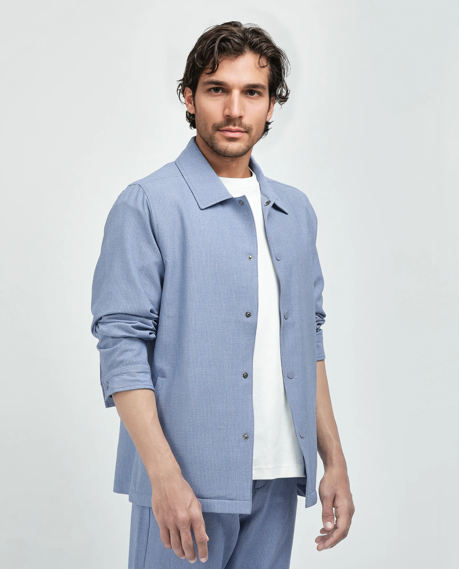 Rare Rabbit Men's Horns Blue Polyester Blend Striped Print Relaxed Fit Full Sleeve Collared Shacket - Image 6