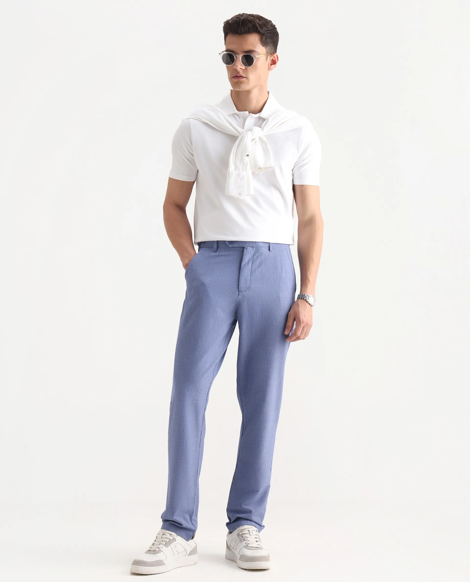 Rare Rabbit Men's Horon Blue Cotton Blend Plain Baggy Fit Trouser