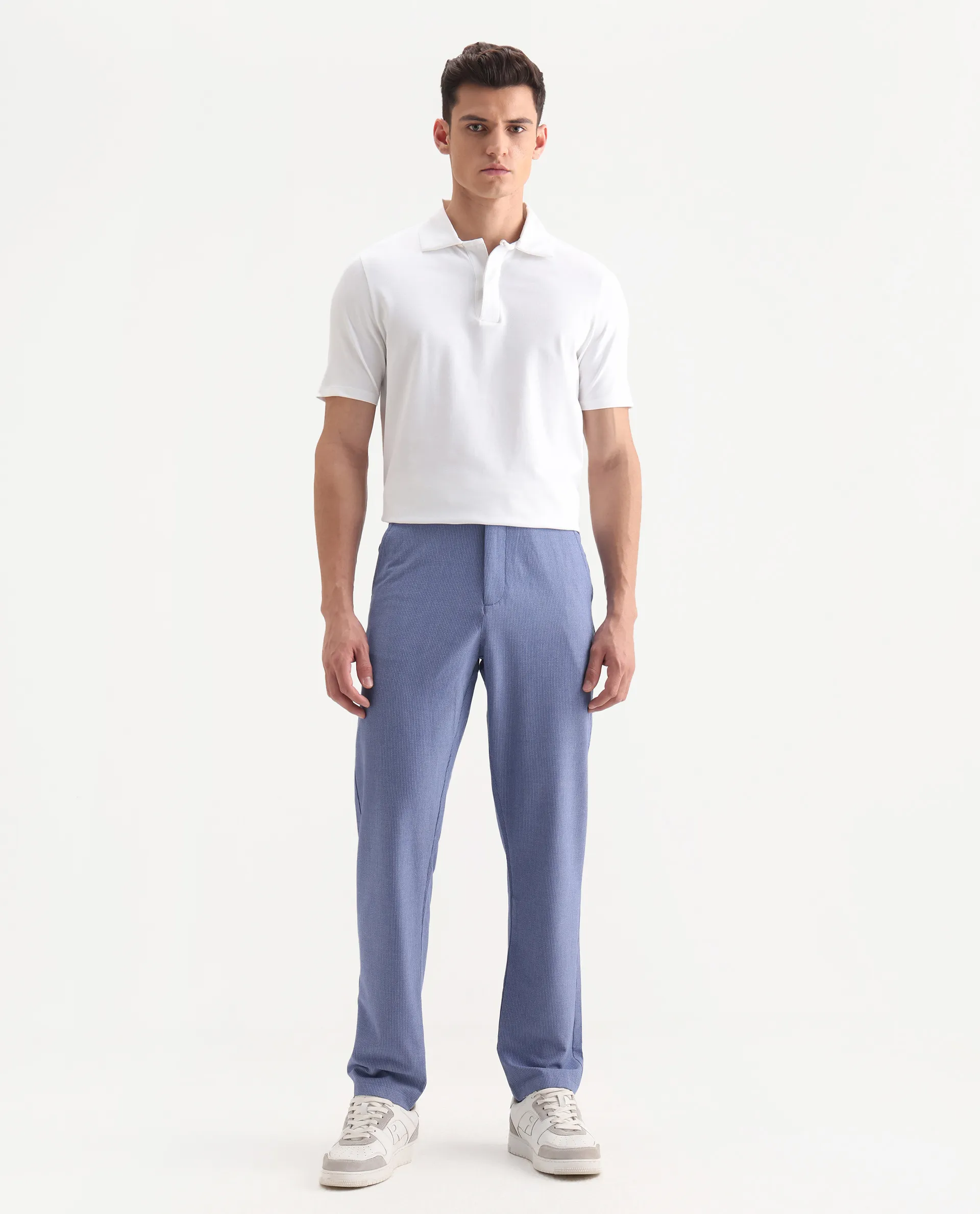 Rare Rabbit Men's Horon Blue Cotton Blend Plain Baggy Fit Trouser - Image 4