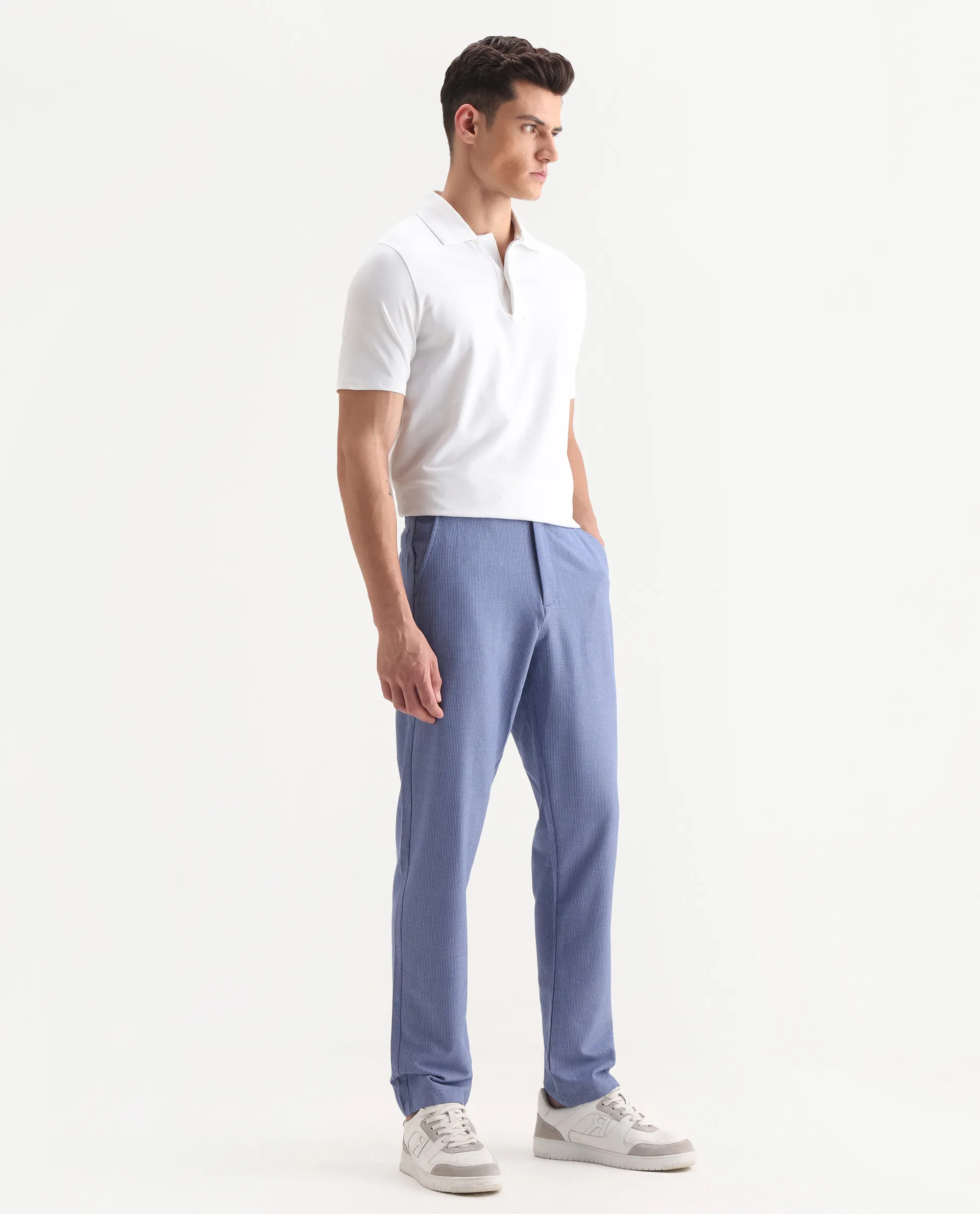 Rare Rabbit Men's Horon Blue Cotton Blend Plain Baggy Fit Trouser - Image 6