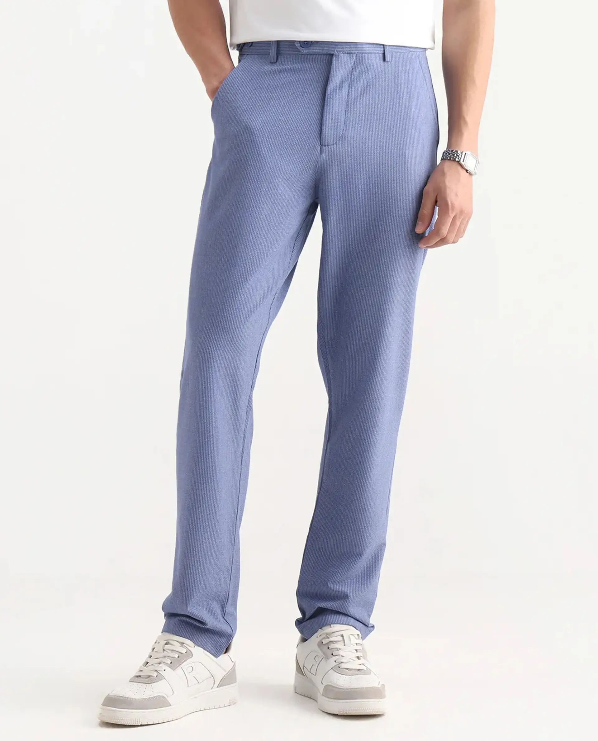 Rare Rabbit Men's Horon Blue Cotton Blend Plain Baggy Fit Trouser - Image 8
