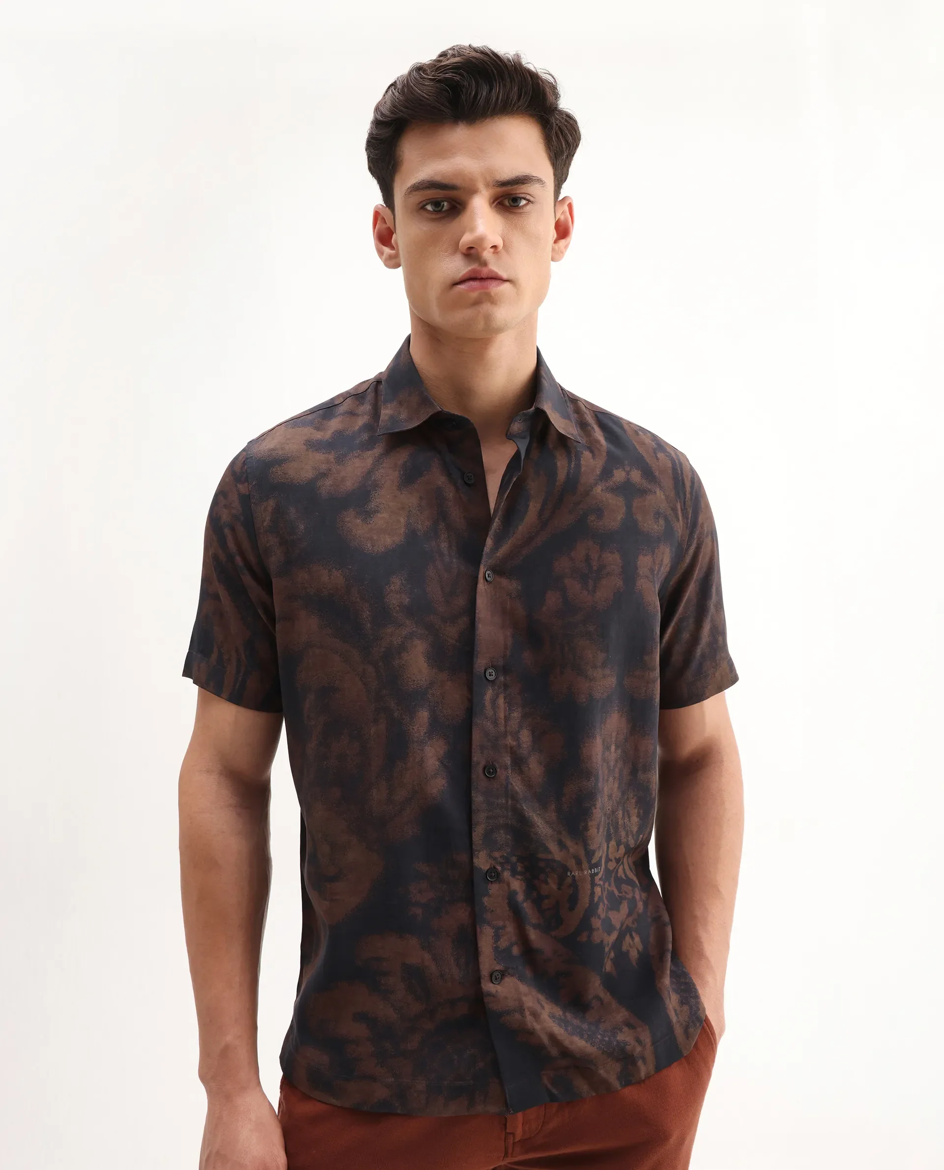 Rare Rabbit Men's Horos Black Linen Blend Floral Print Regular Fit Half Sleeve Collared Shirt