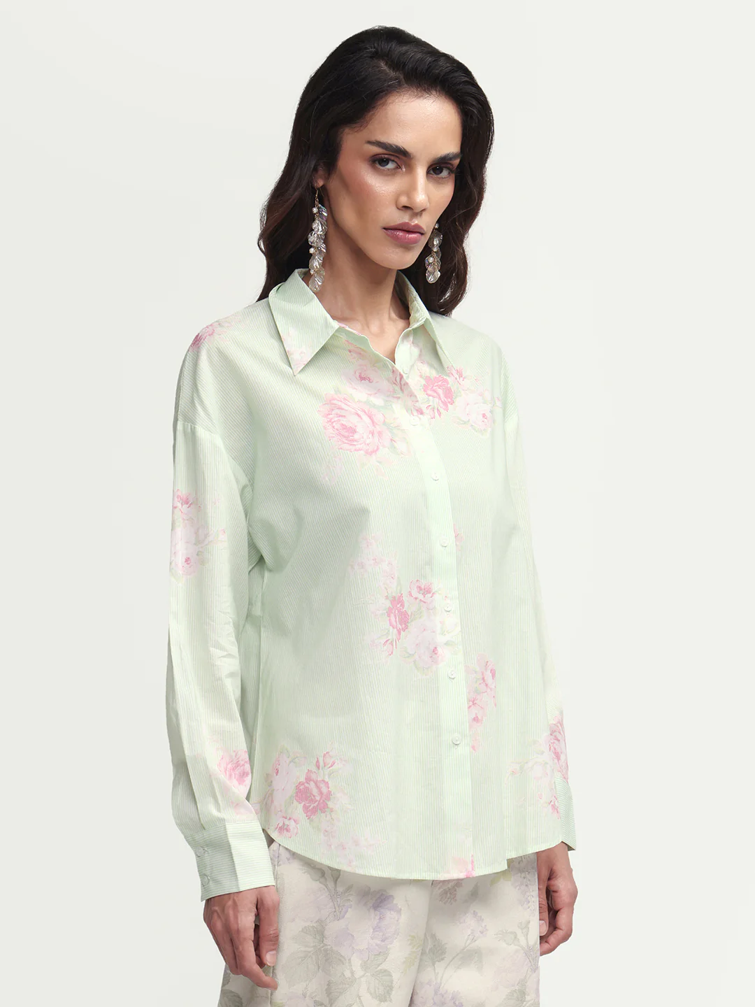 Rareism Women's Horu Light Green Cotton Full Sleeve Spread Collar Button Oversized Floral Print Shirt - Image 5