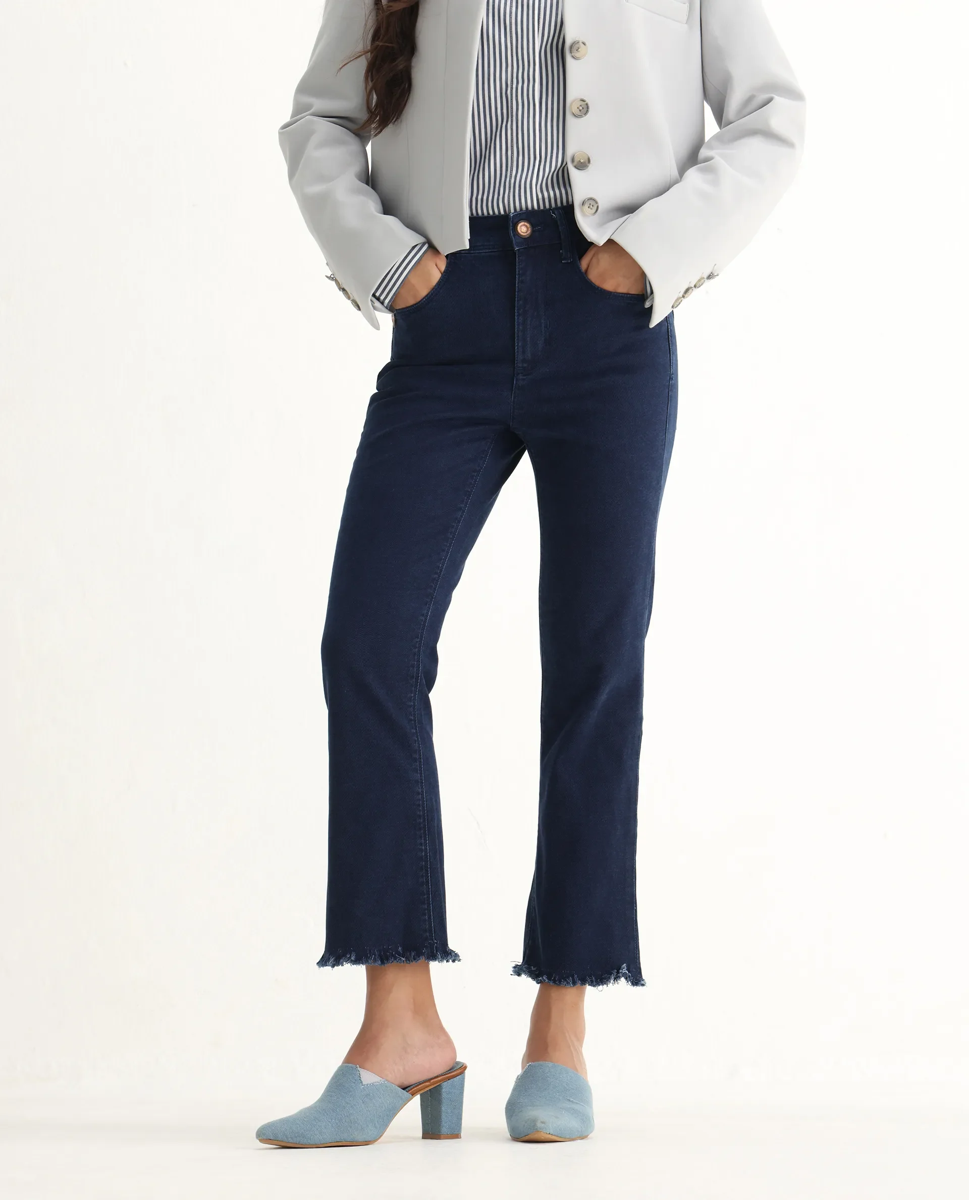 Rareism Women's Hugo Blue Cotton Plain Ankle Length Relaxed Fit Jeans - Image 2
