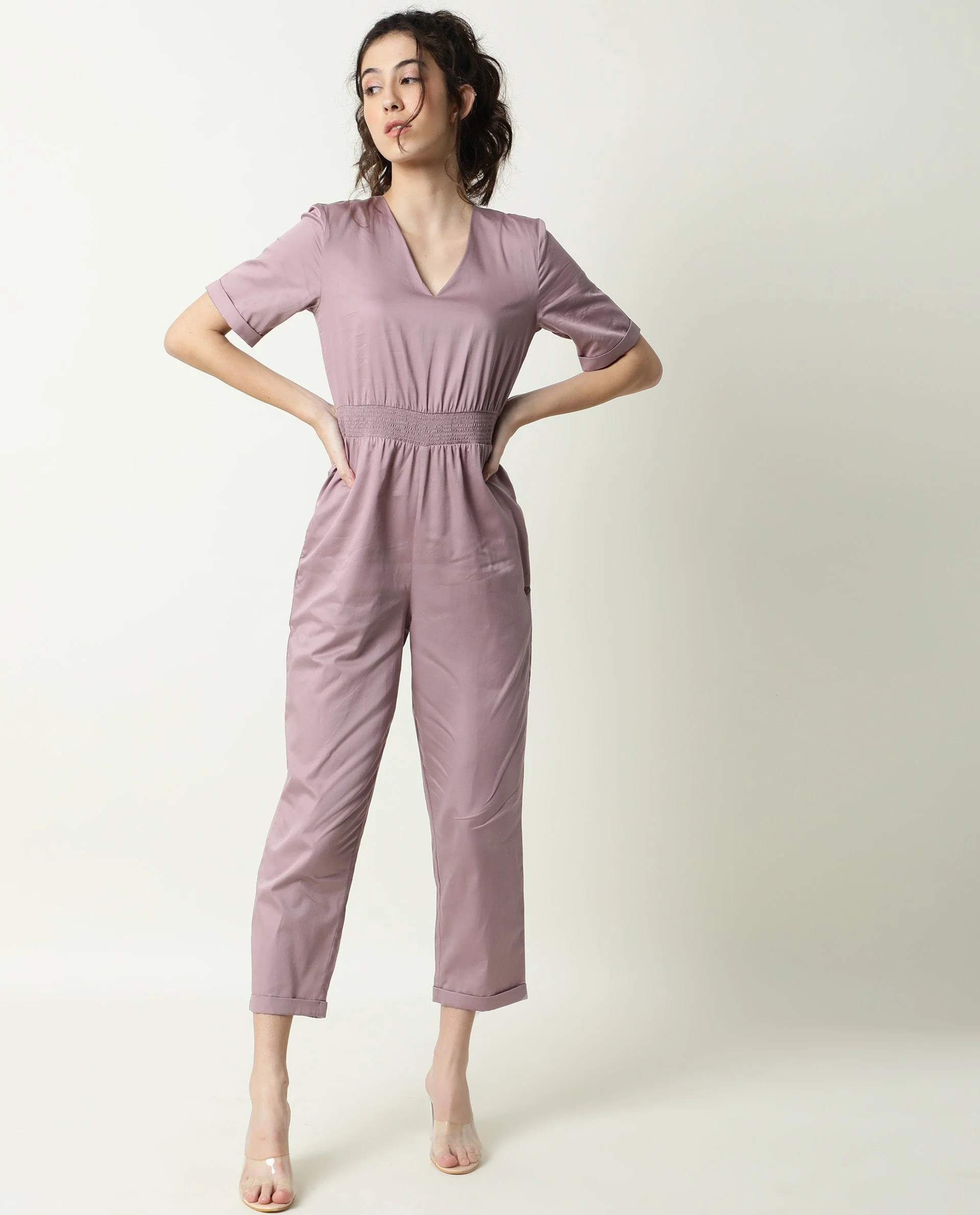 Rareism Women's Husky Pink Cotton Blend V-Neck Plain Ankle Length Regular Fit Jumpsuit