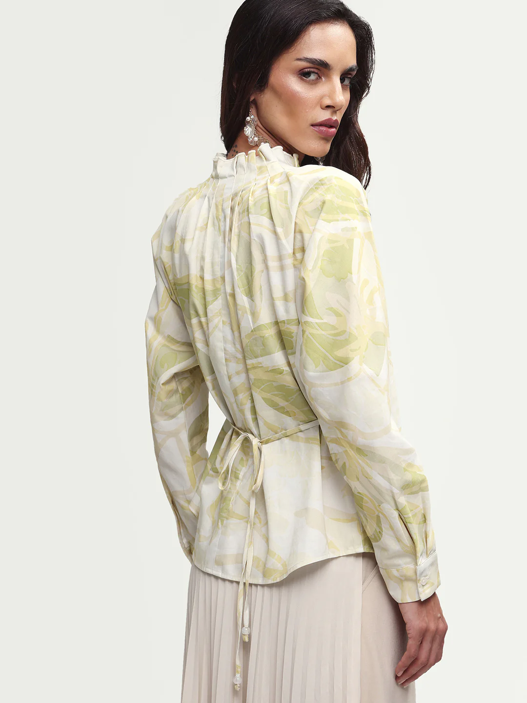 Rareism Women's Hyce-T Light Green Cotton Full Sleeve Pleated Neck Relaxed Fit Abstract Print Top - Image 4