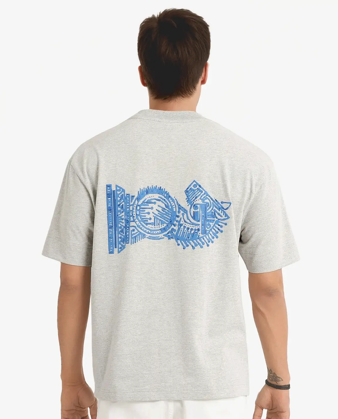 Rare Rabbit Men's Ight Melange Grey Cotton Graphic Print Oversized Fit Half Sleeve Crew Neck T-Shirt