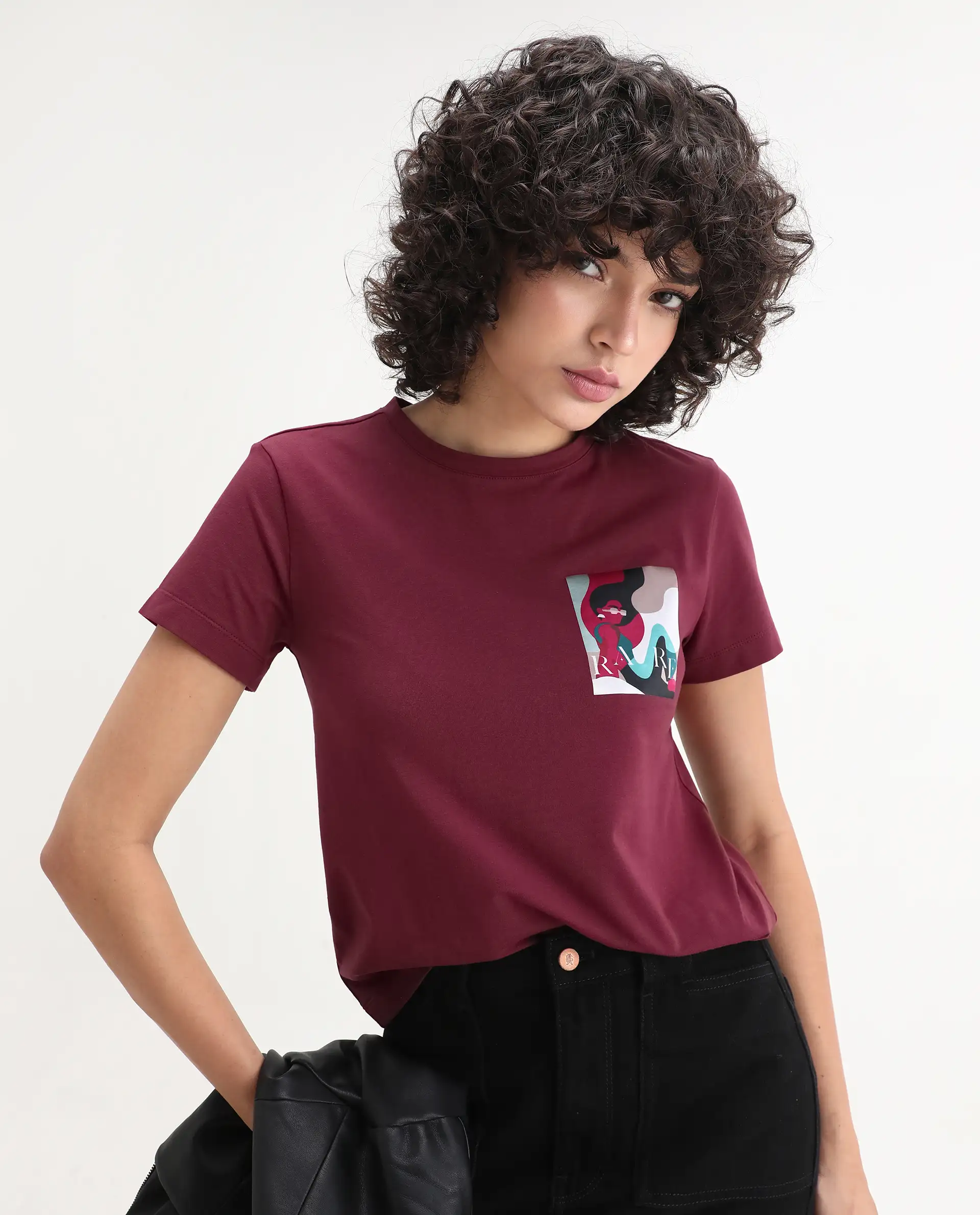 Rareism Women's Inki Maroon Cotton Blend Crew Neck Graphic Print Regular Fit T-Shirt