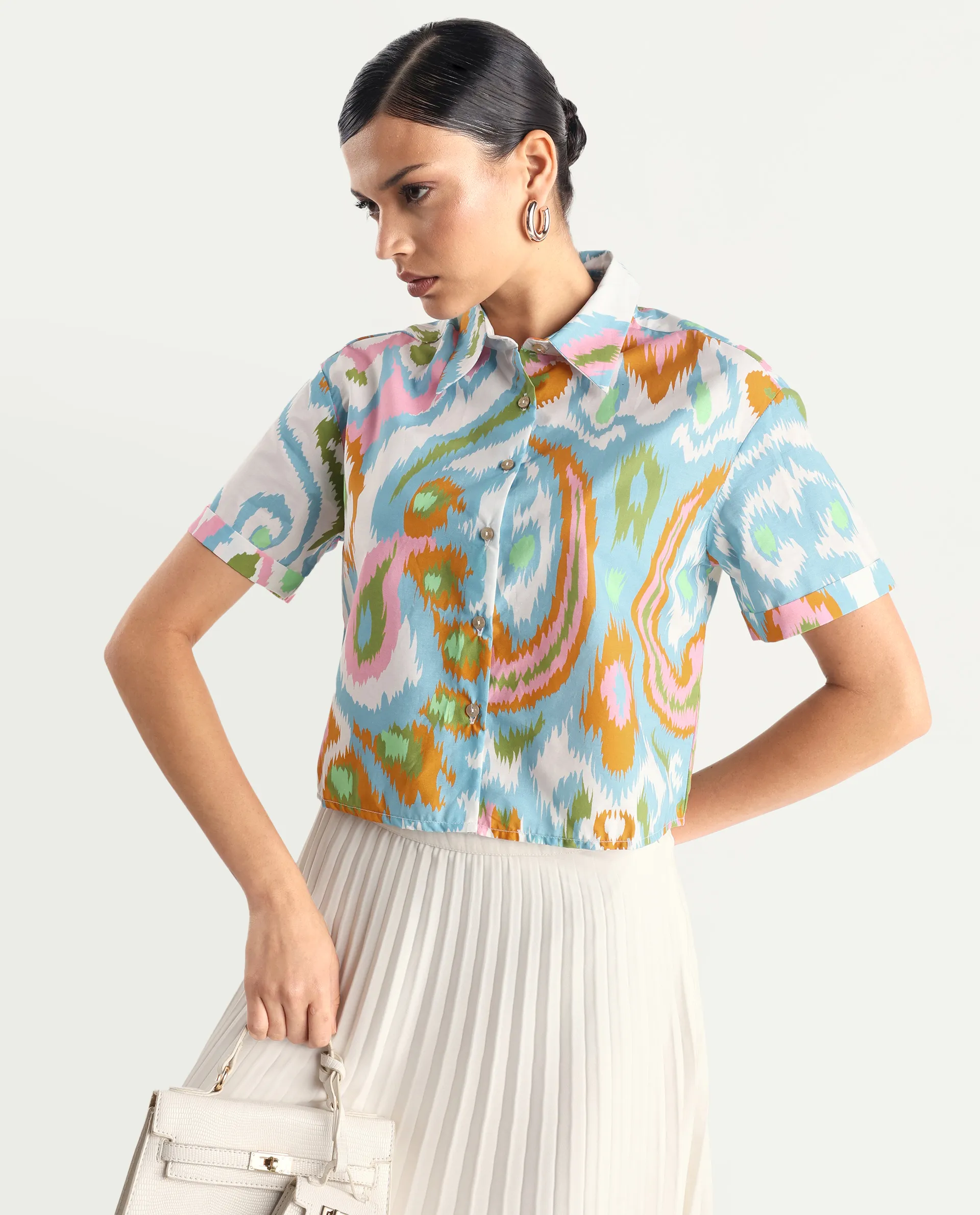 Rareism Women's Inkia Multi Poplin Drop Collar Abstract Print Crop Regular Fit Top