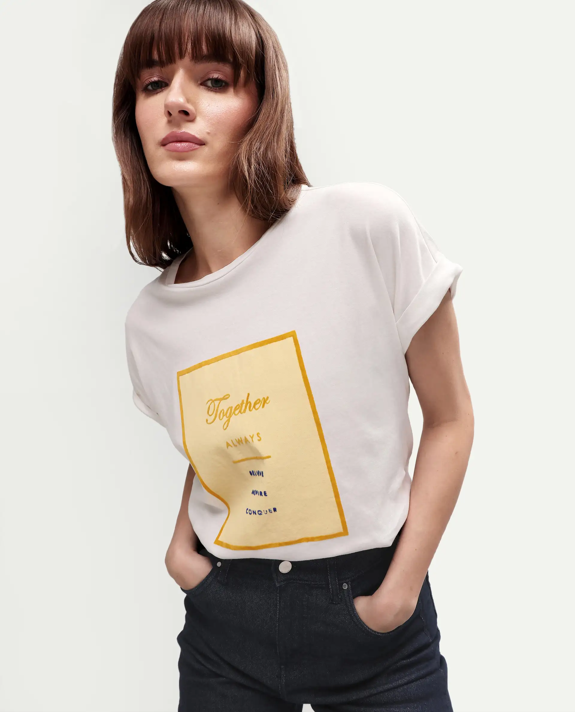 Rareism Women's Ira White Cotton Crew Neck Graphic Print Regular Fit T-Shirt
