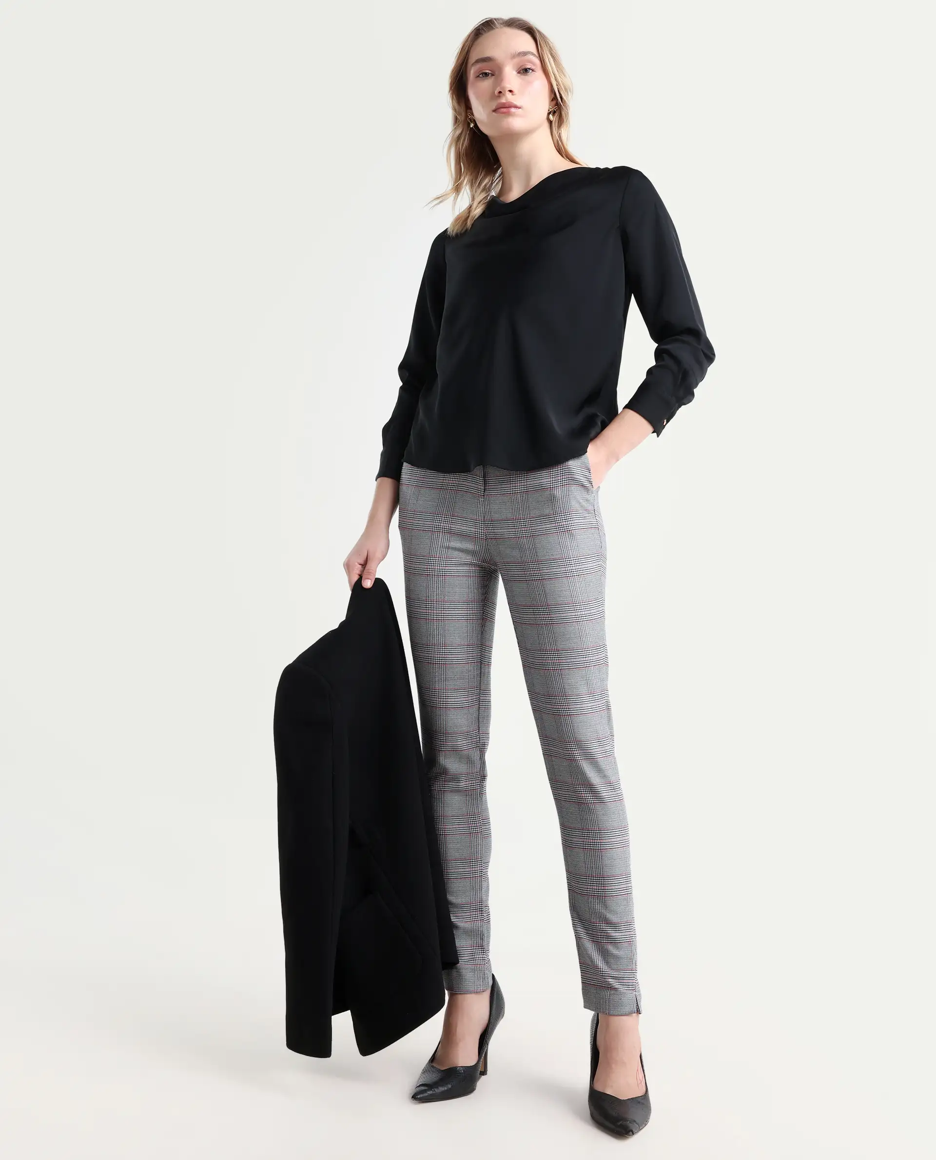Rareism Women's Issac Beige Checked Knee Length Slim Fit Trouser