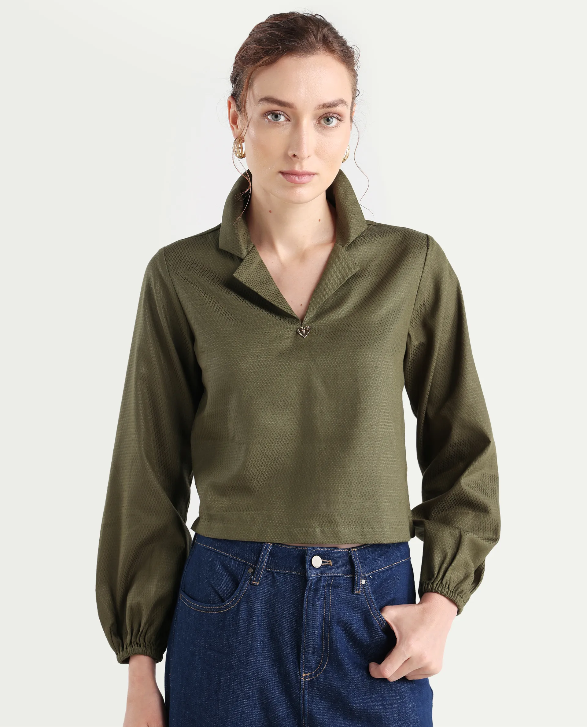 Rareism Women's Istanbul Green Cotton Lapel Neck Plain Bishop Sleeve Crop Regular Fit Top