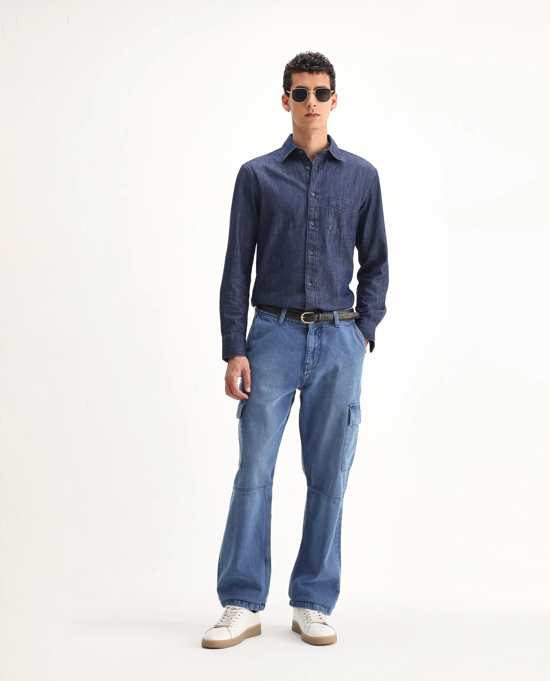Rare Rabbit Men's Ivo Blue Cotton Plain Baggy Fit Jeans