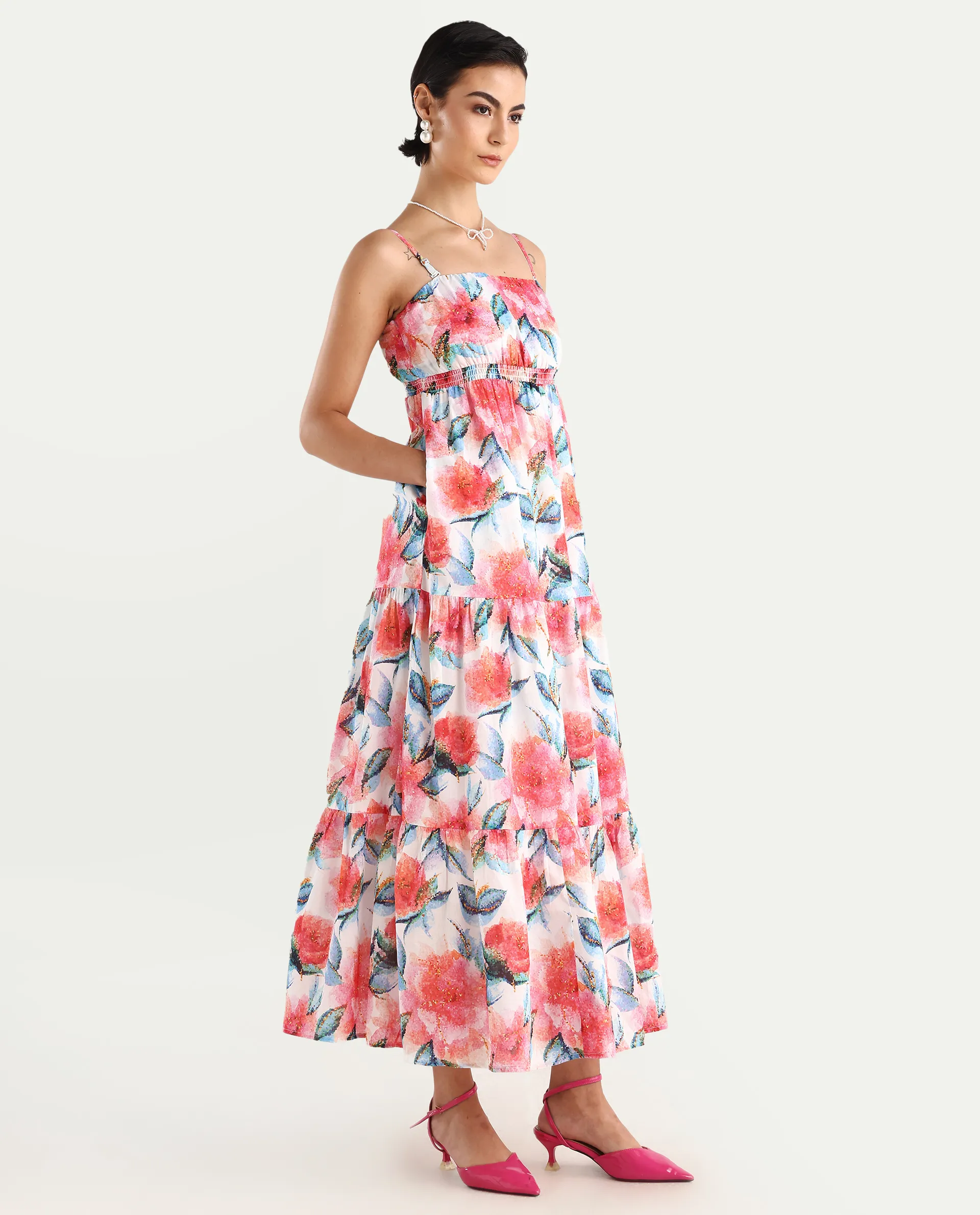 Rareism Women's Izabelle Multi Cotton Shoulder Strap Floral Print Shoulder Strap Maxi Fit And Flare Dress - Image 7