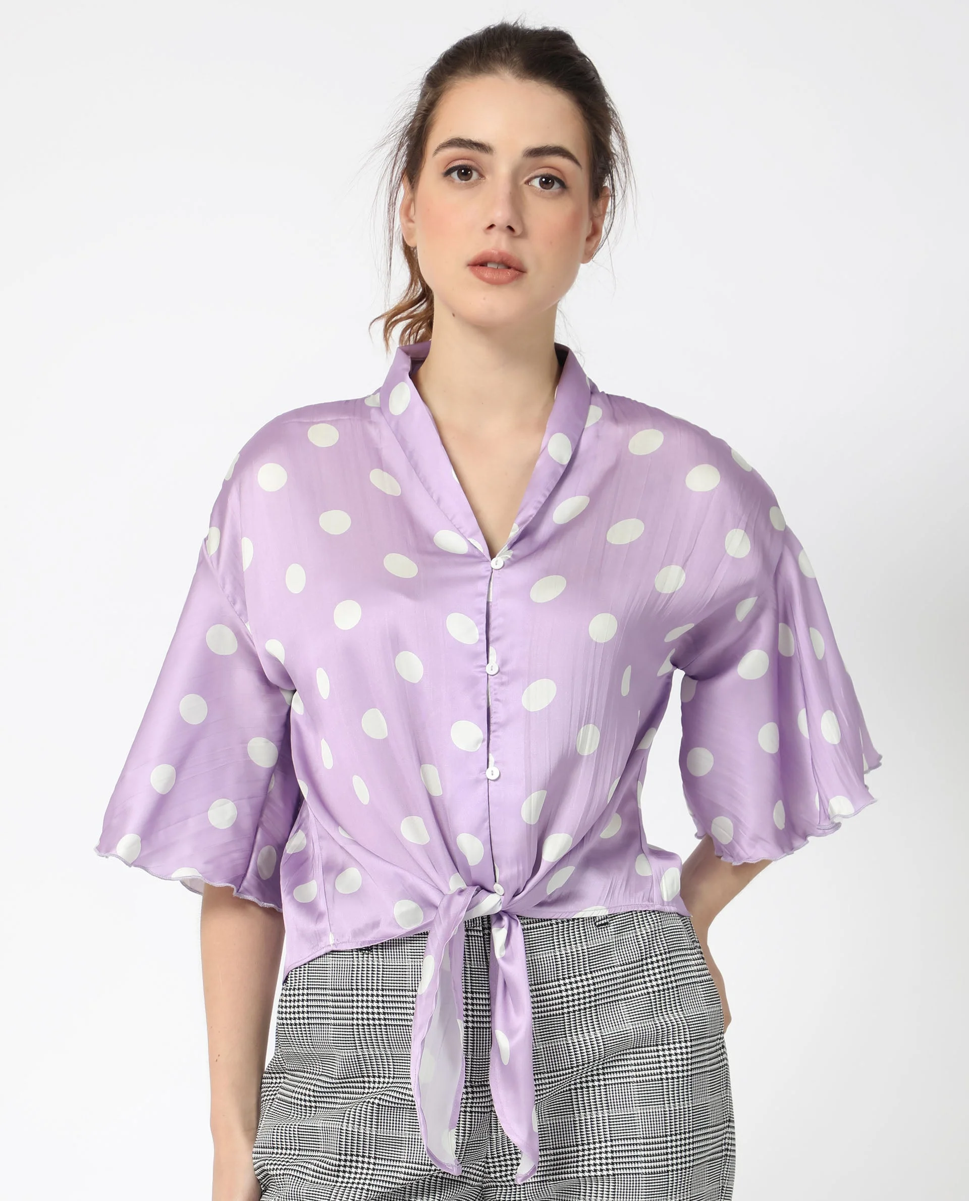 Rareism Women's Izzy Pastel Purple Polyester Collarless Polka Print Flared Sleeve Regular Fit Top