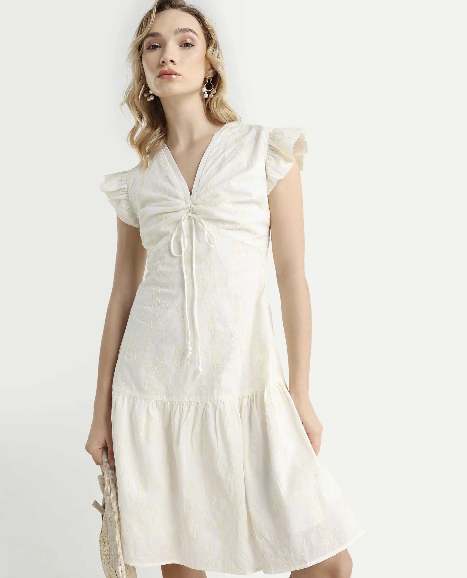 Rareism Women's Janarivi Off White Cotton V-Neck Embroidered Ruffled Sleeve Knee Length Fit And Flare Dress
