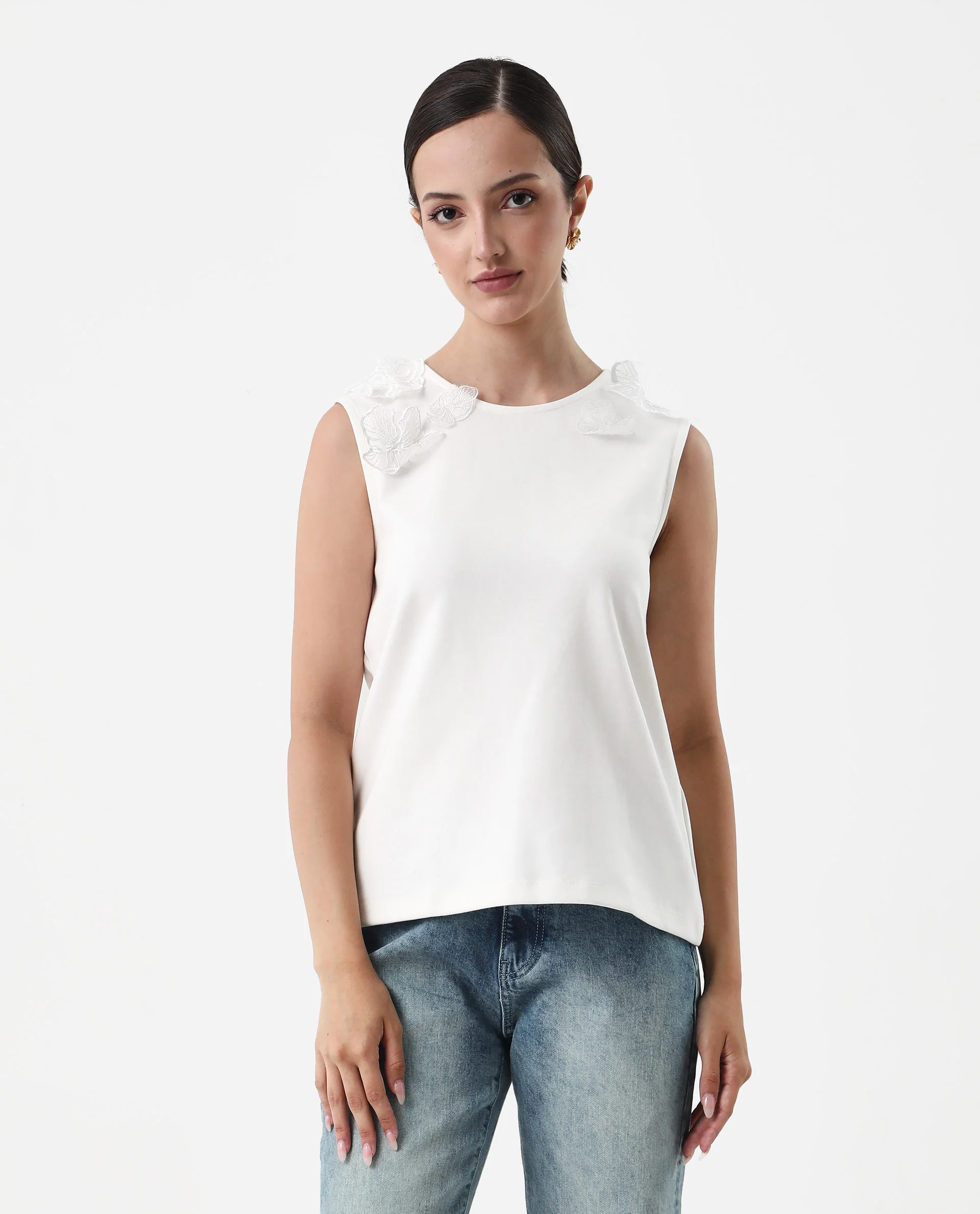 Rareism Women's Janbed Off White Cotton Blend Round Neck Plain Sleeveless Regular Fit T-Shirt - Image 3
